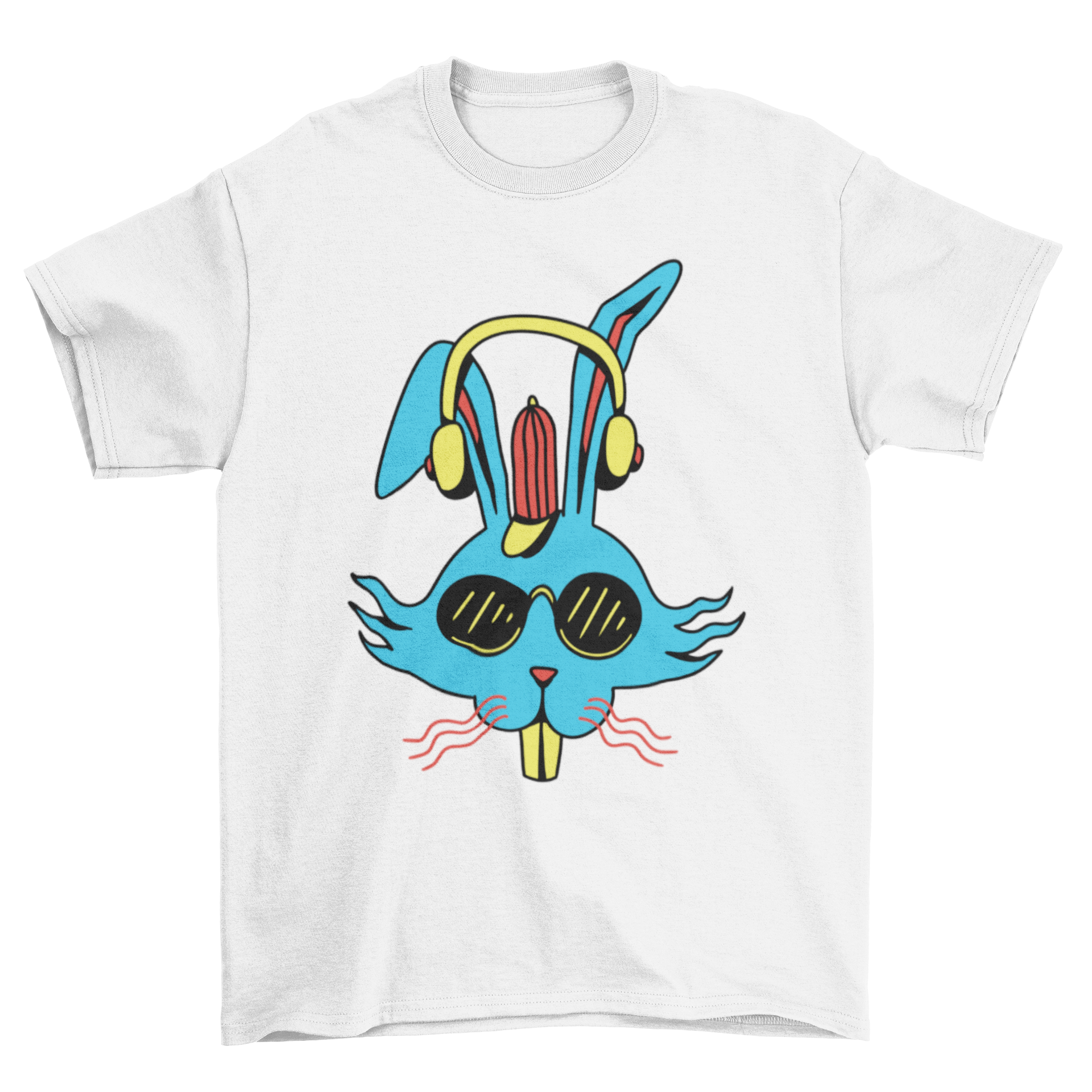 A stylish t-shirt featuring a bunny wearing sunglasses and headphones, perfect for music lovers.