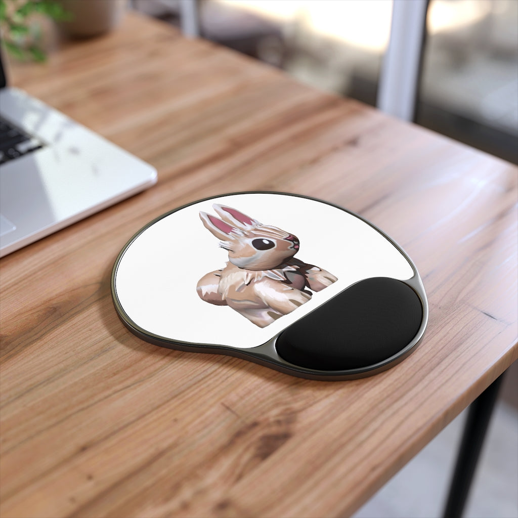 Bunny Mouse Pad with ergonomic wrist rest, featuring a foot-shaped design and custom neoprene insert.