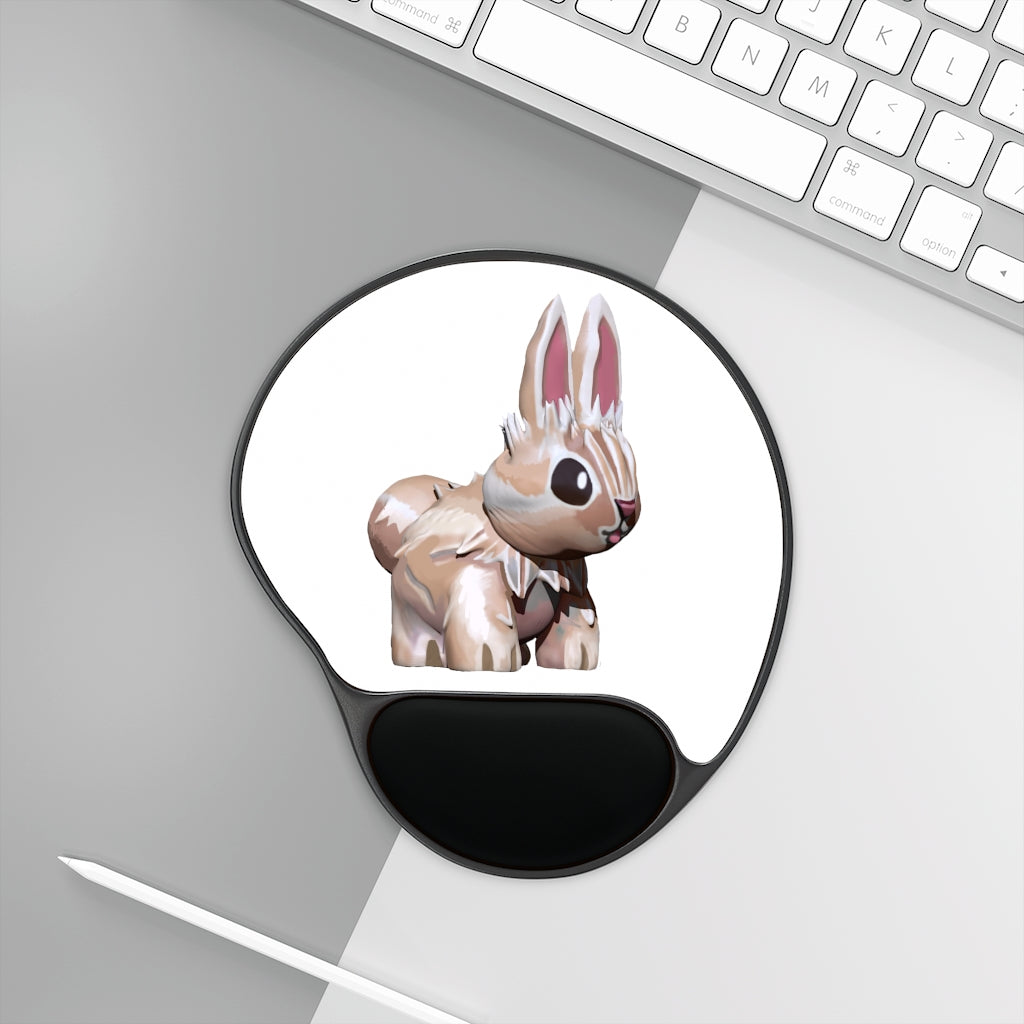 Bunny Mouse Pad with ergonomic wrist rest, featuring a foot-shaped design and custom neoprene insert.