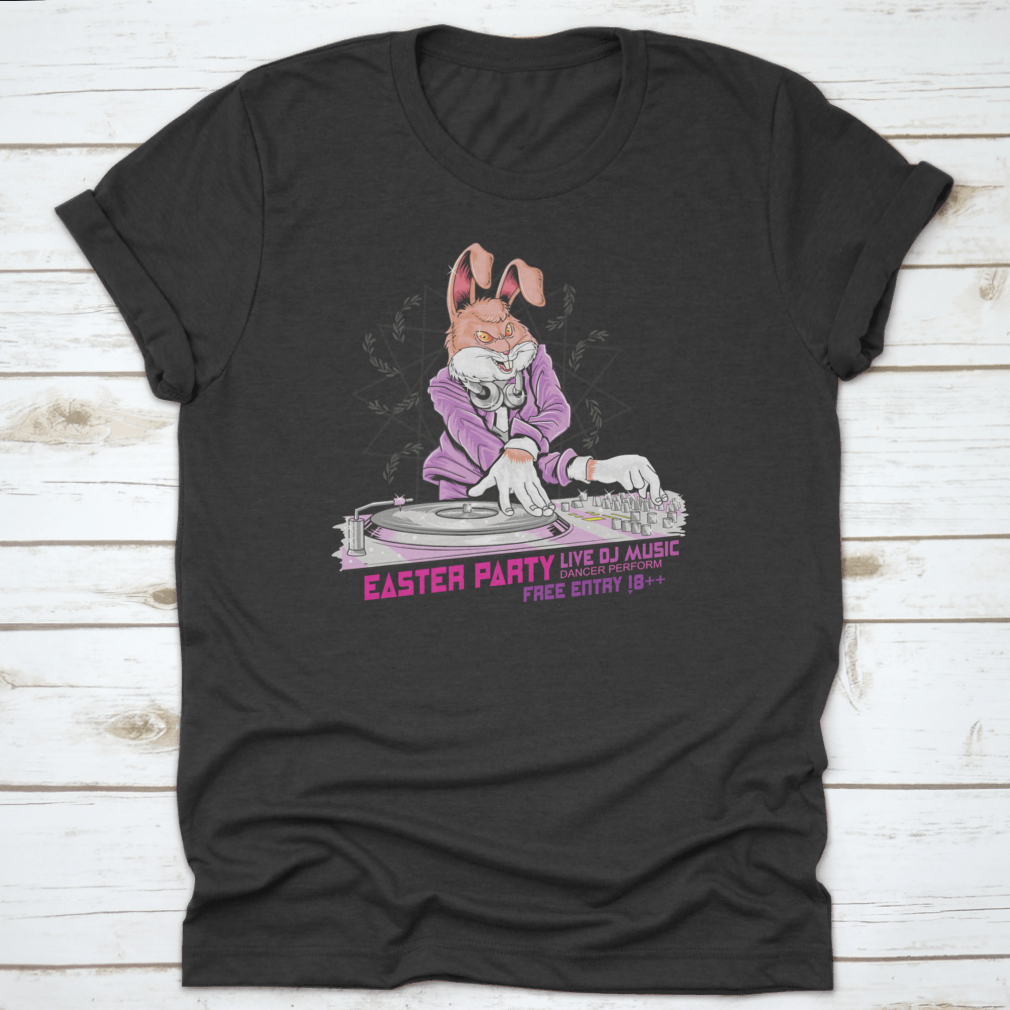 A playful t-shirt design featuring a bunny DJ with headphones, perfect for Easter celebrations.