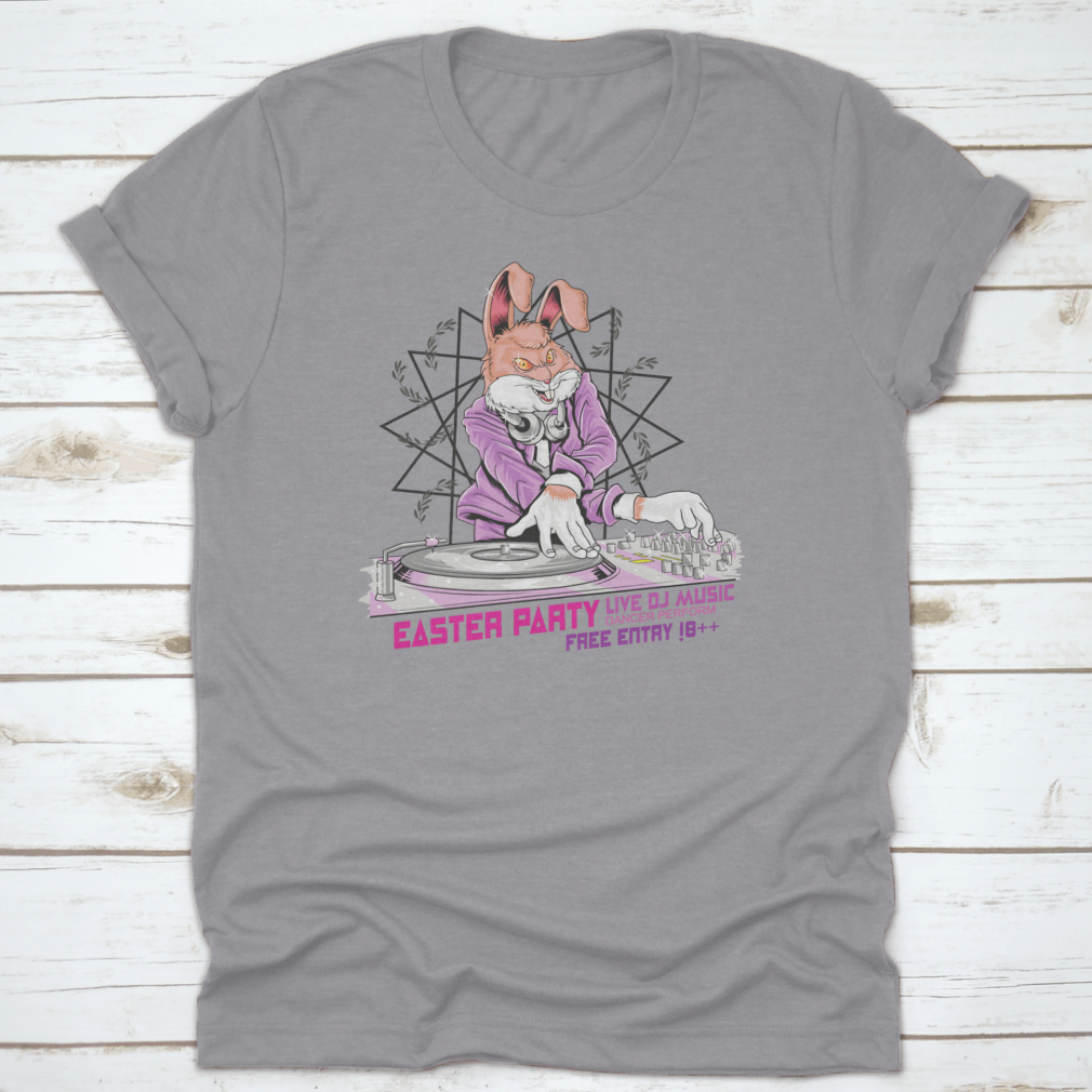 A playful t-shirt design featuring a bunny DJ with headphones, perfect for Easter celebrations.