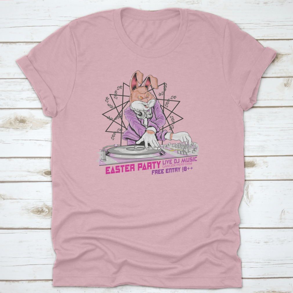 A playful t-shirt design featuring a bunny DJ with headphones, perfect for Easter celebrations.