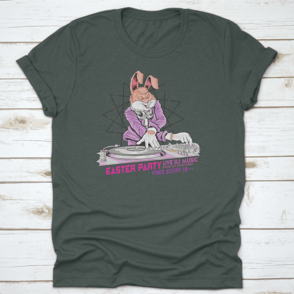 A playful t-shirt design featuring a bunny DJ with headphones, perfect for Easter celebrations.