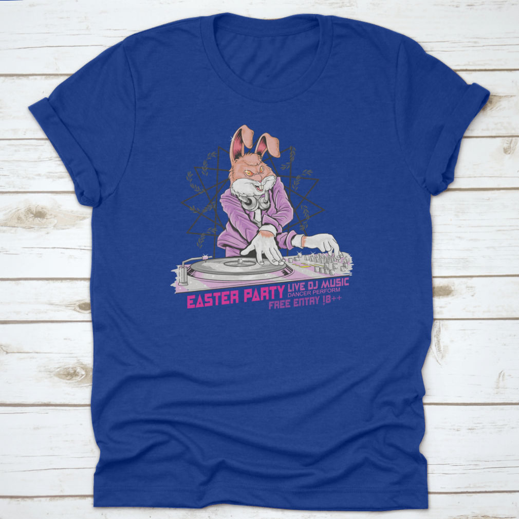 A playful t-shirt design featuring a bunny DJ with headphones, perfect for Easter celebrations.