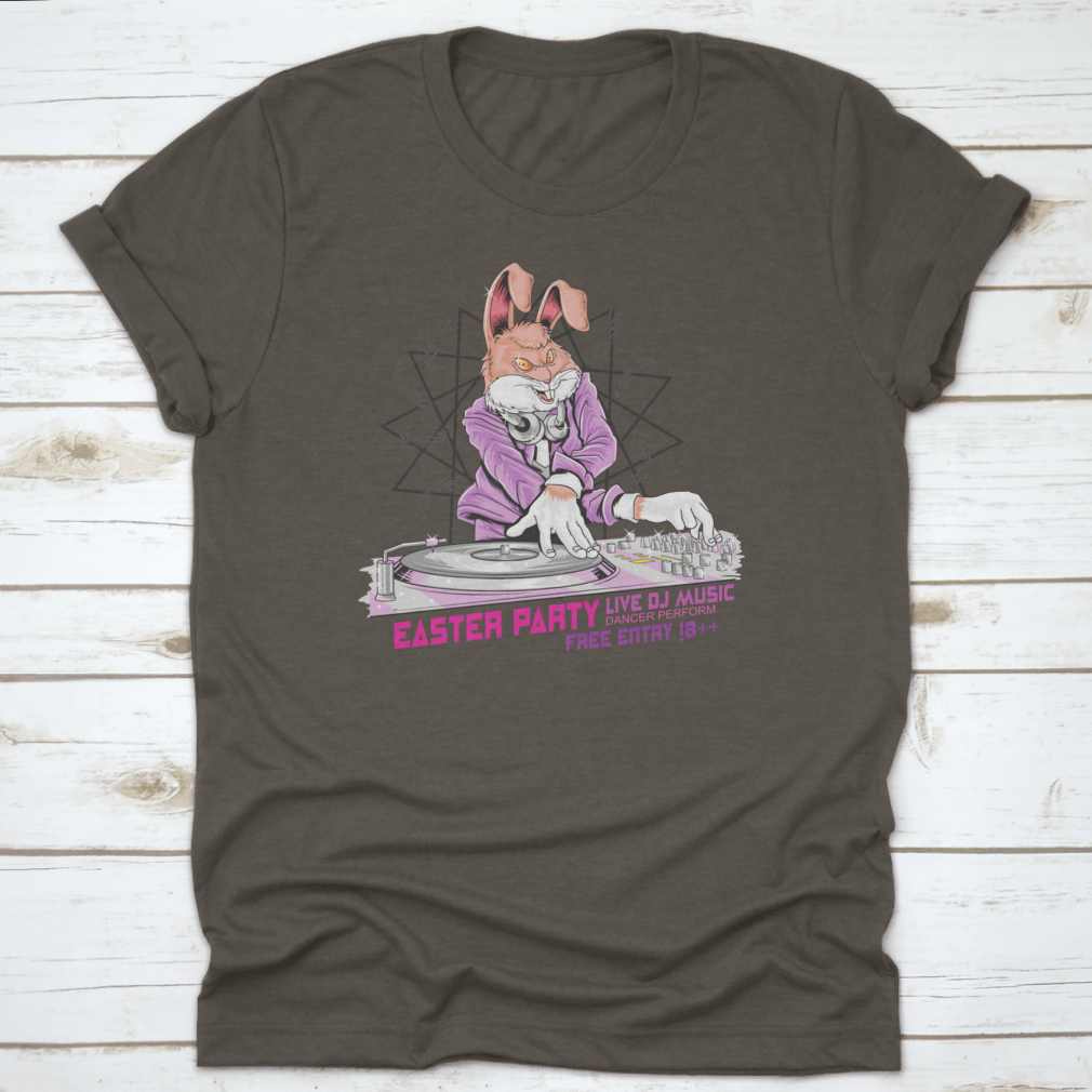 A playful t-shirt design featuring a bunny DJ with headphones, perfect for Easter celebrations.