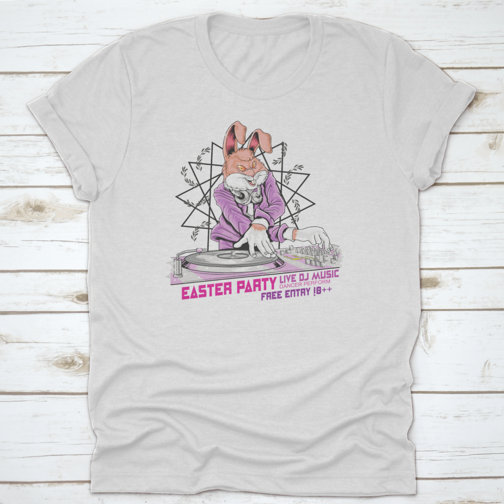 A playful t-shirt design featuring a bunny DJ with headphones, perfect for Easter celebrations.