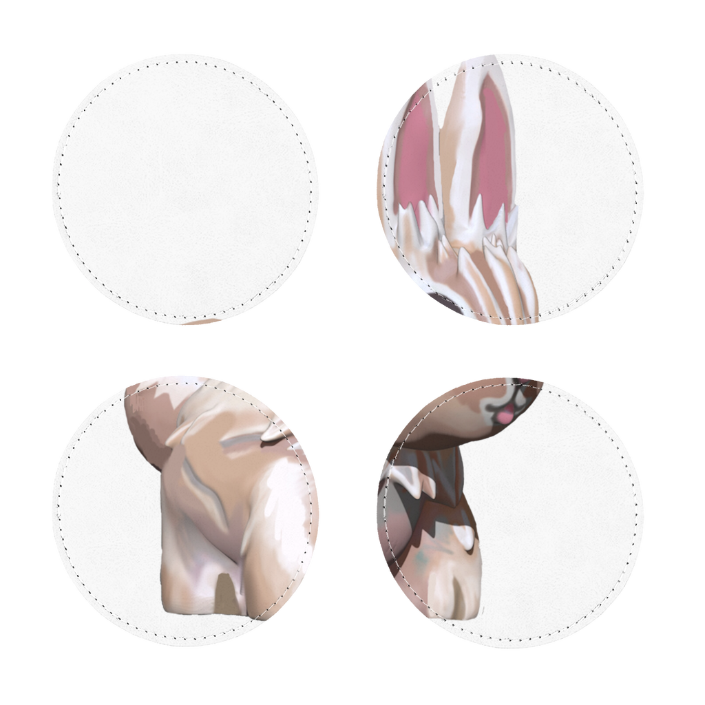 Pack of four Bunny Sublimation Coasters made from PU leather, featuring a white printable face with white stitching and a plain back underside.