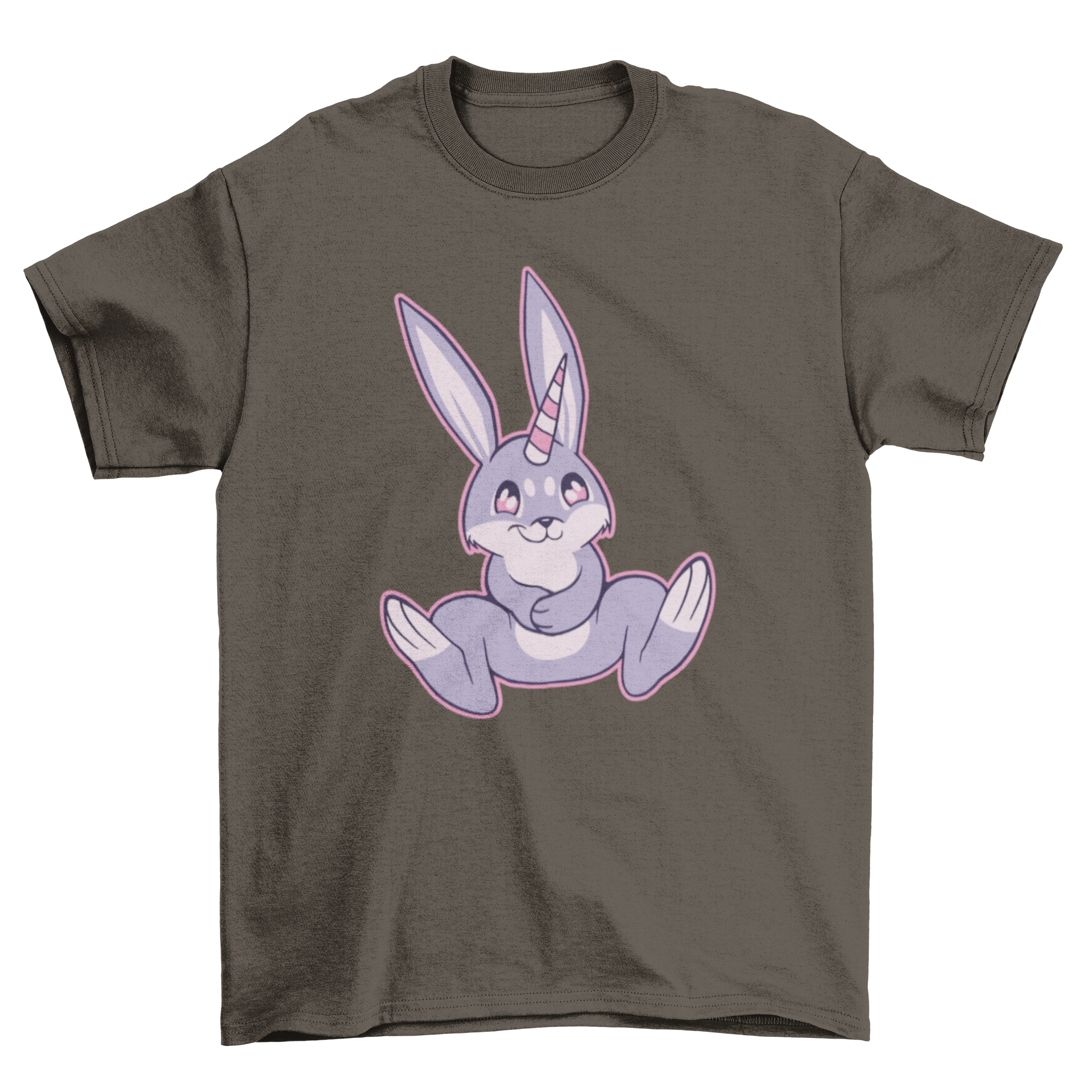 A cute pastel t-shirt featuring a bunny with a unicorn horn, showcasing a whimsical design.
