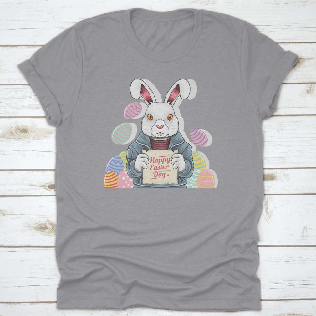 A cute bunny wearing a rocker jacket, holding an Easter party board and colorful Easter egg, perfect for festive celebrations.