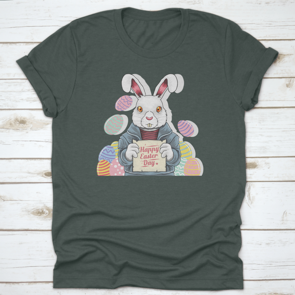 A cute bunny wearing a rocker jacket, holding an Easter party board and colorful Easter egg, perfect for festive celebrations.