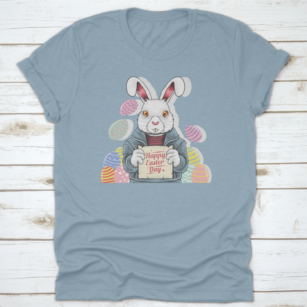 A cute bunny wearing a rocker jacket, holding an Easter party board and colorful Easter egg, perfect for festive celebrations.