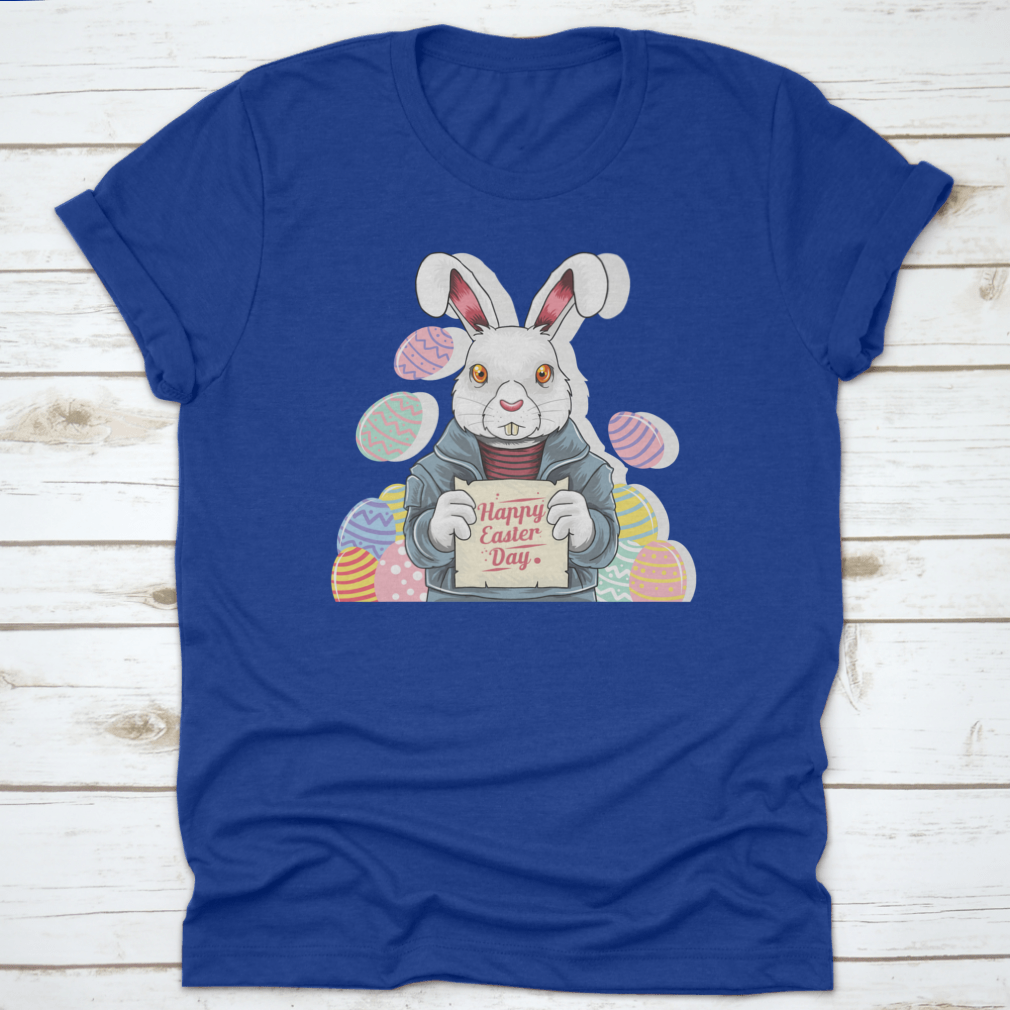 A cute bunny wearing a rocker jacket, holding an Easter party board and colorful Easter egg, perfect for festive celebrations.