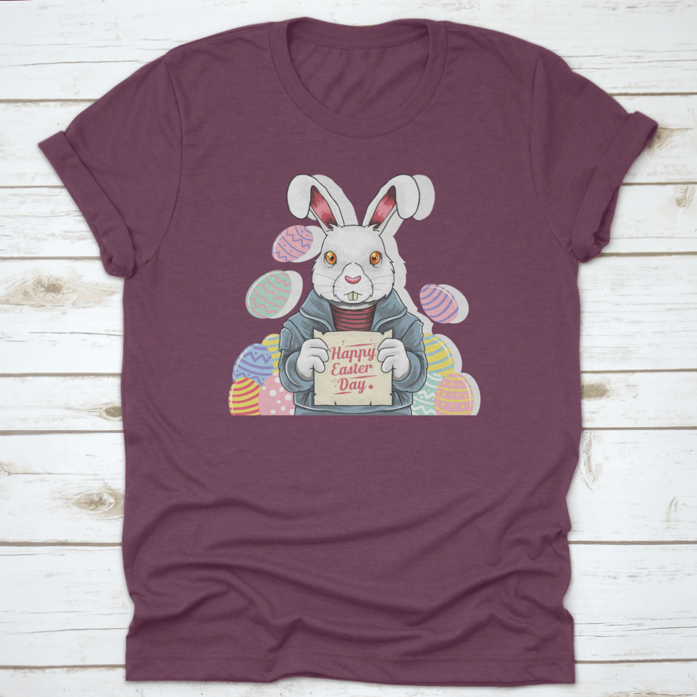 A cute bunny wearing a rocker jacket, holding an Easter party board and colorful Easter egg, perfect for festive celebrations.