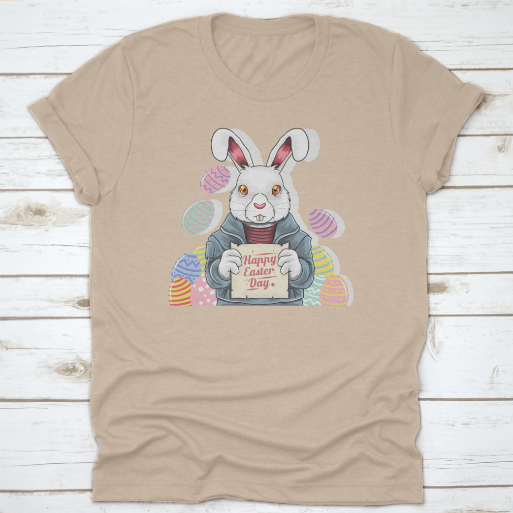 A cute bunny wearing a rocker jacket, holding an Easter party board and colorful Easter egg, perfect for festive celebrations.