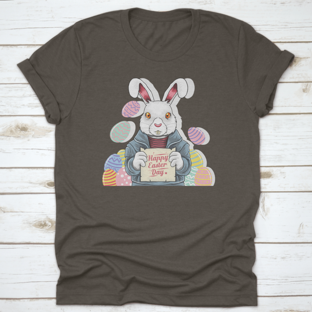 A cute bunny wearing a rocker jacket, holding an Easter party board and colorful Easter egg, perfect for festive celebrations.