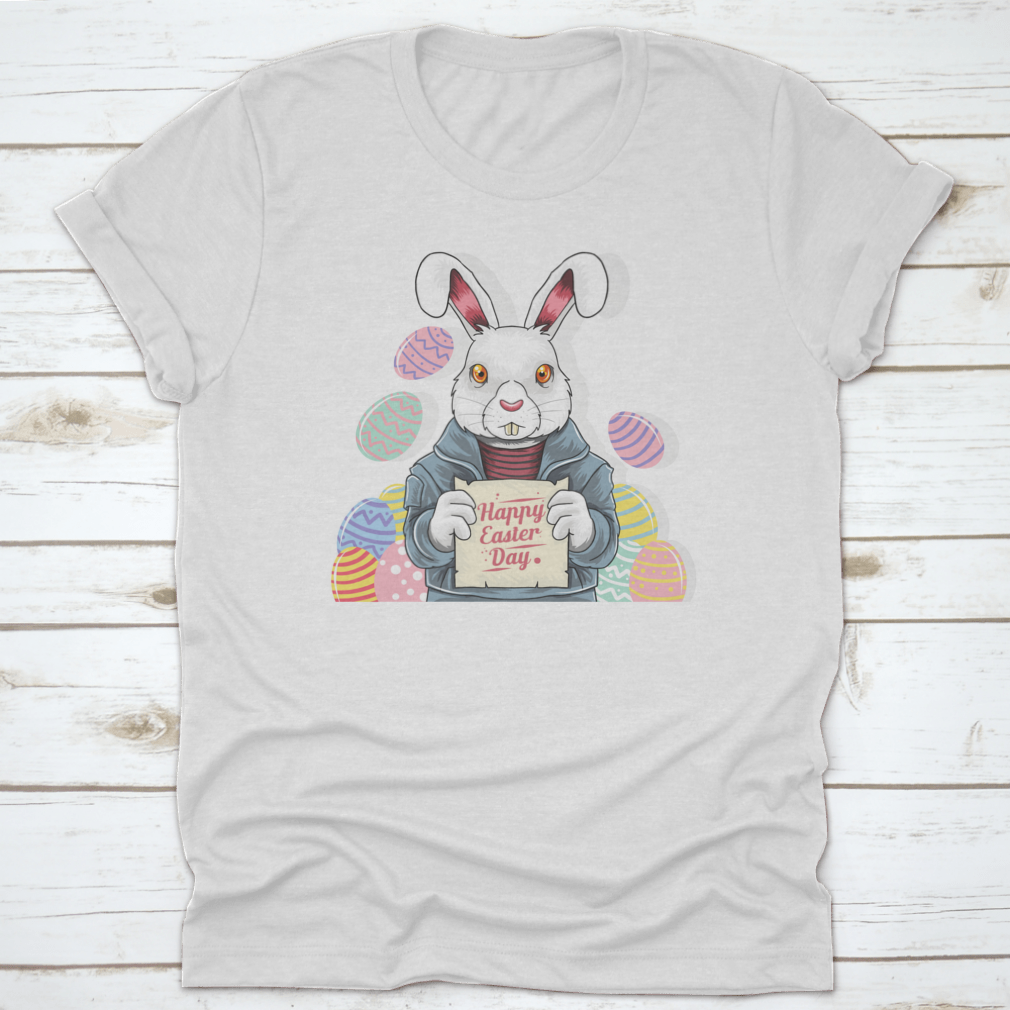 A cute bunny wearing a rocker jacket, holding an Easter party board and colorful Easter egg, perfect for festive celebrations.