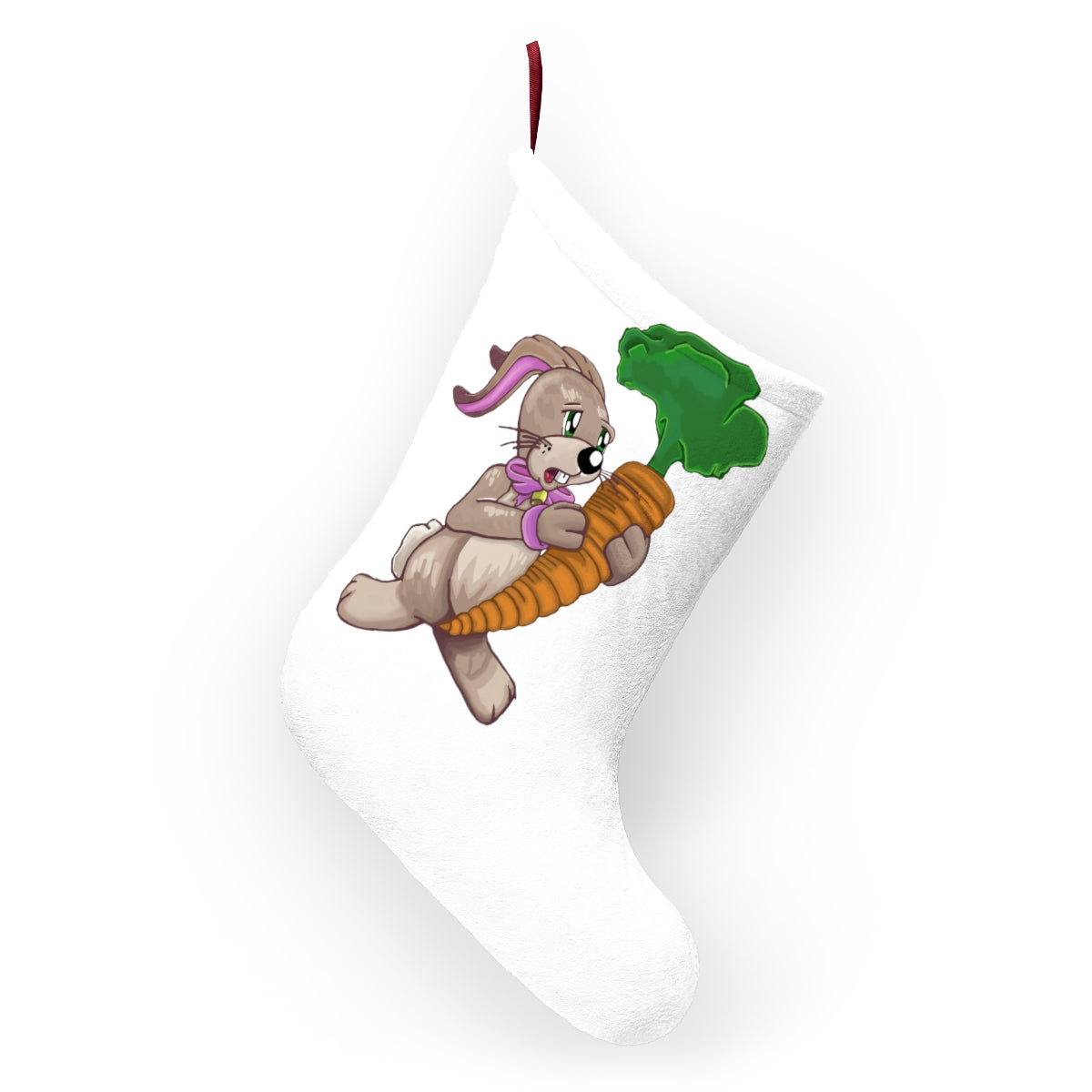 A cozy Bunny with Carrot Christmas Stocking, featuring a cute bunny design and vibrant carrot accents, perfect for holiday decor.