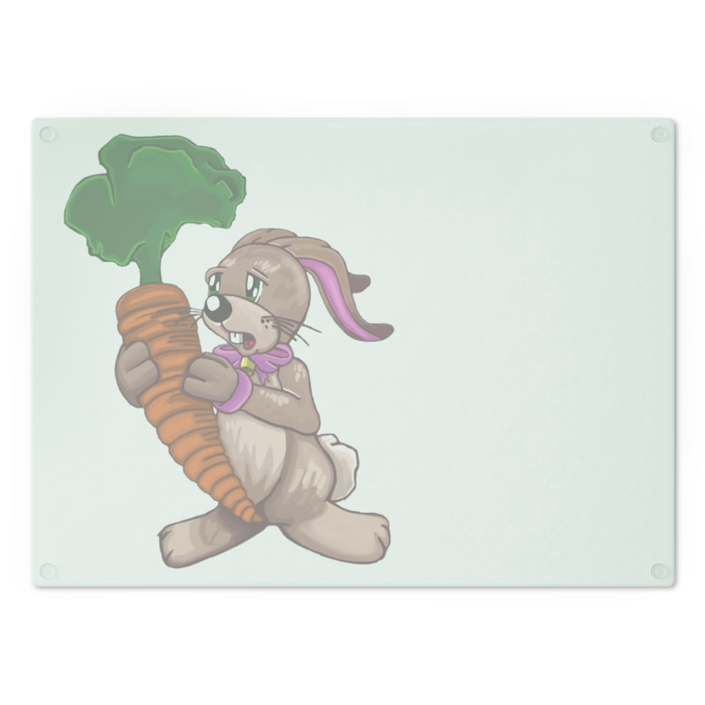 A whimsical Bunny with Carrot Cutting Board made of tempered glass, featuring a cute bunny design and four rubber dots for stability.