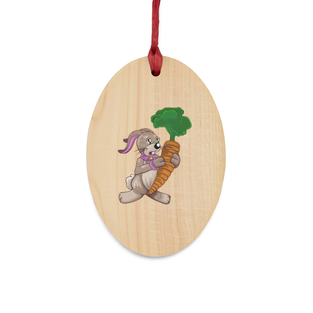 Wooden Christmas ornaments featuring a bunny and carrot design, showcasing rustic charm with a red ribbon for hanging.