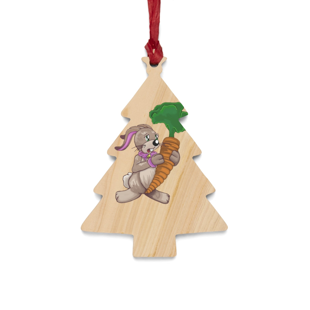 Wooden Christmas ornaments featuring a bunny and carrot design, showcasing rustic charm with a red ribbon for hanging.