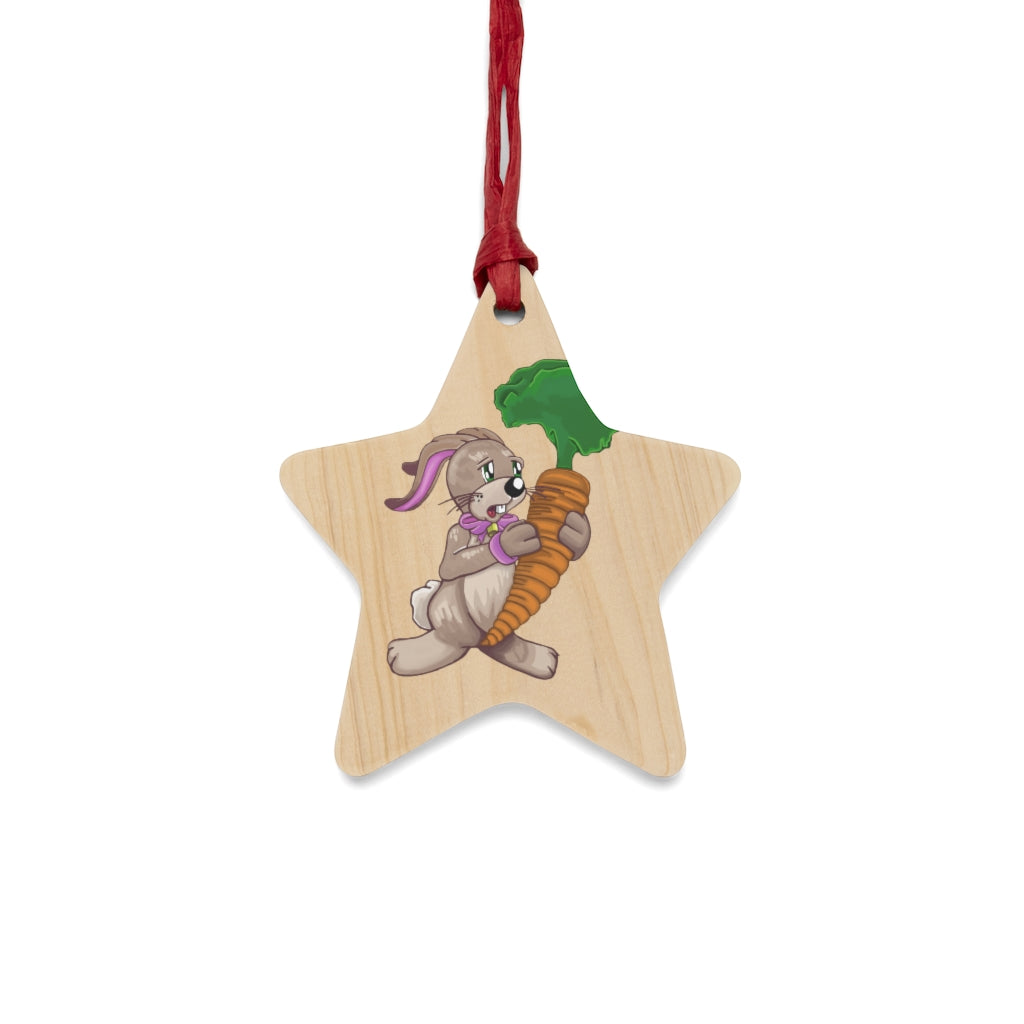 Wooden Christmas ornaments featuring a bunny and carrot design, showcasing rustic charm with a red ribbon for hanging.
