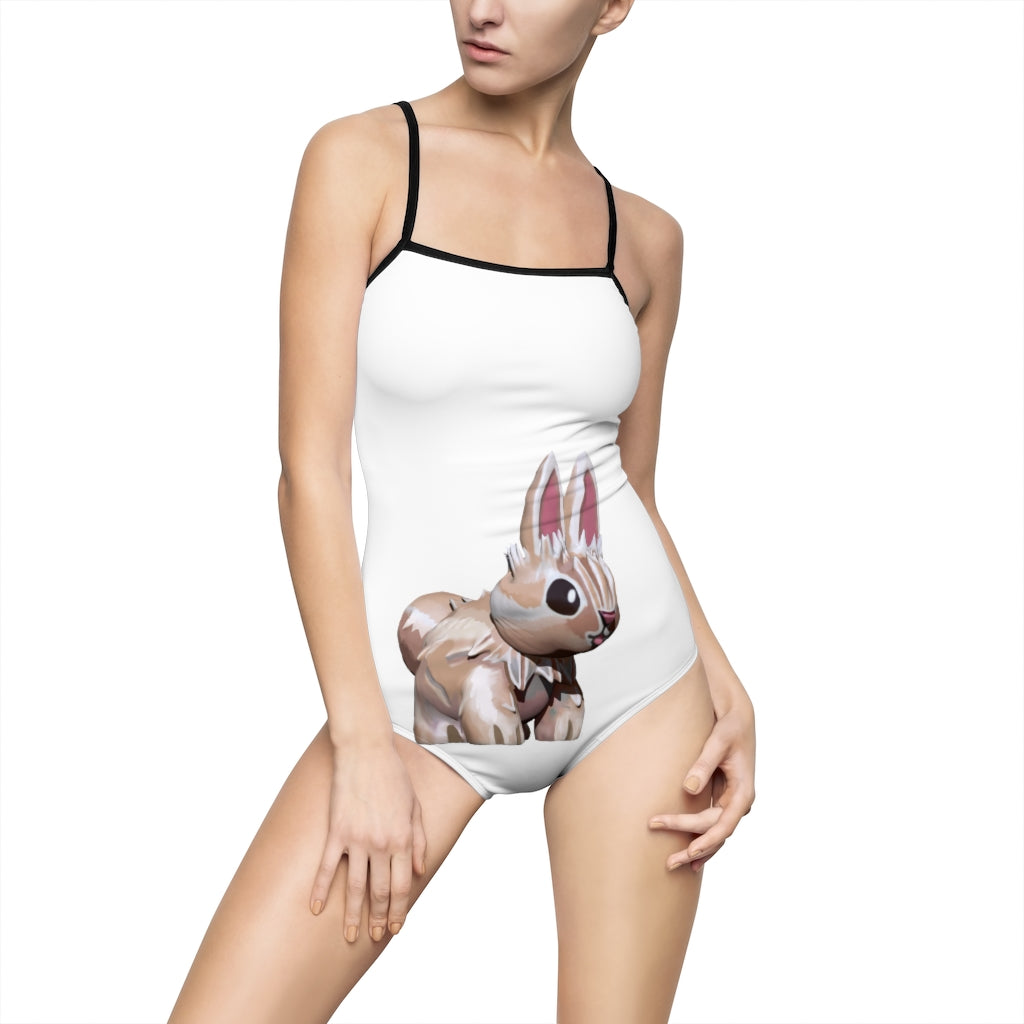 Bunny Women's One-piece Swimsuit featuring a hollowed-out back and vibrant printed design, made from nylon and spandex.