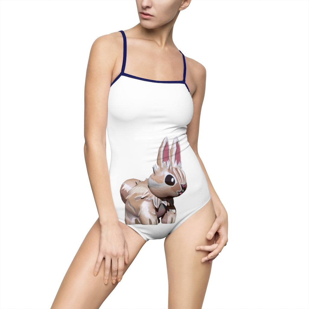 Bunny Women's One-piece Swimsuit featuring a hollowed-out back and vibrant printed design, made from nylon and spandex.