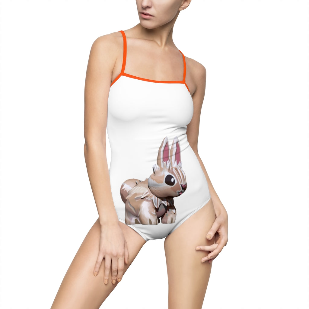 Bunny Women's One-piece Swimsuit featuring a hollowed-out back and vibrant printed design, made from nylon and spandex.