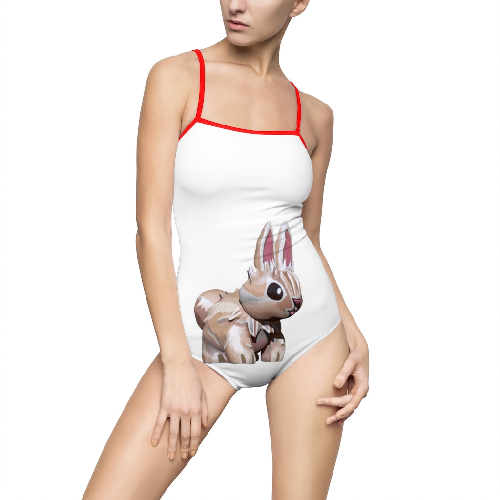 Bunny Women's One-piece Swimsuit featuring a hollowed-out back and vibrant printed design, made from nylon and spandex.