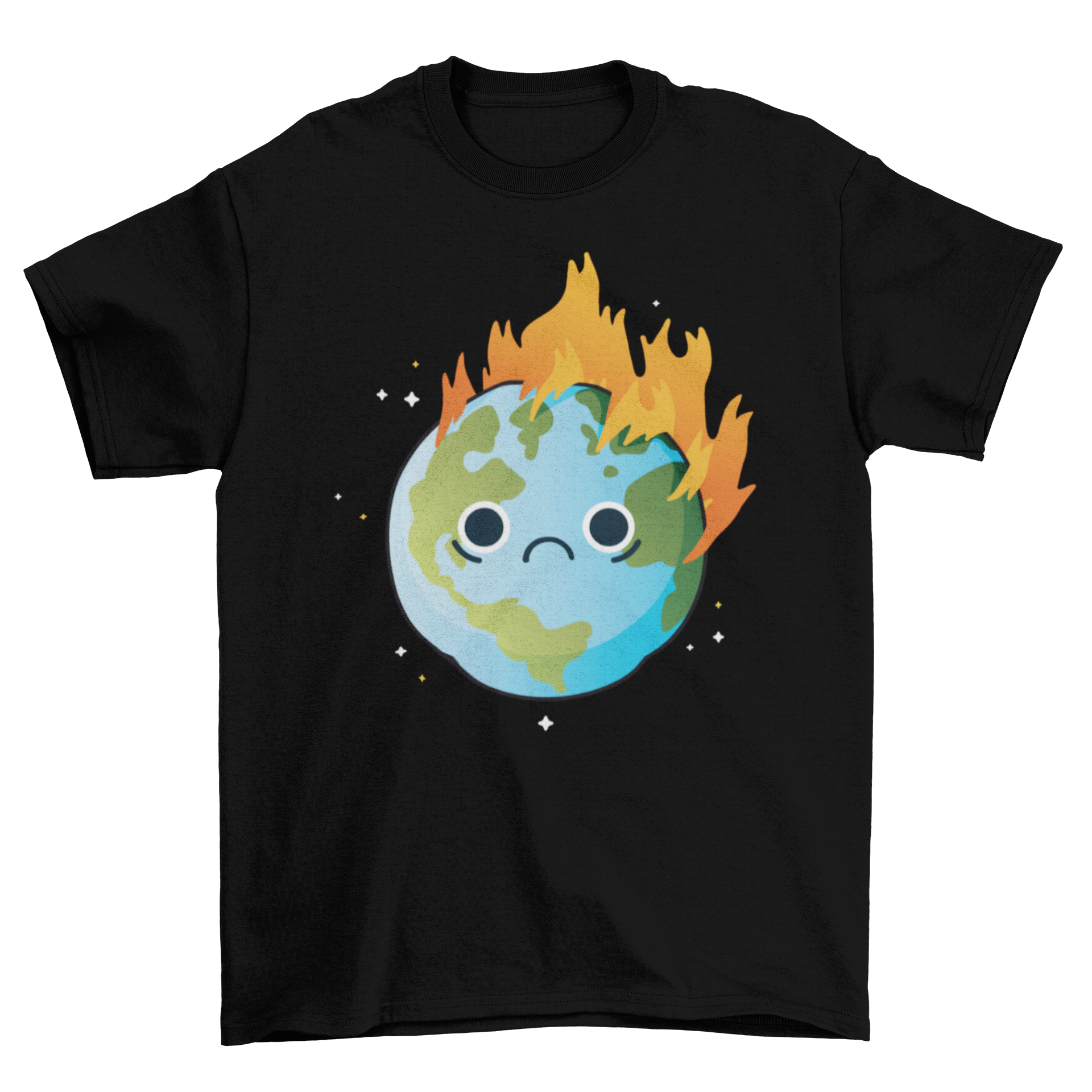 Burning Sad Earth T-Shirt featuring a sad Earth engulfed in flames, symbolizing global warming.