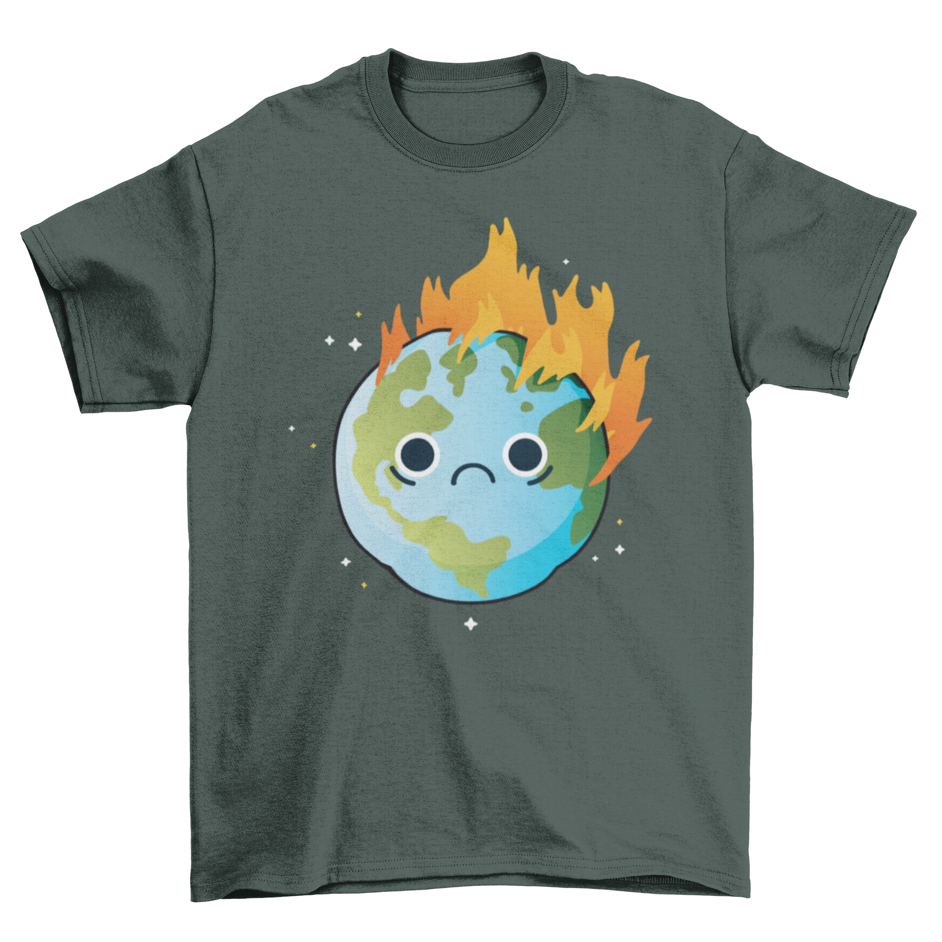 Burning Sad Earth T-Shirt featuring a sad Earth engulfed in flames, symbolizing global warming.