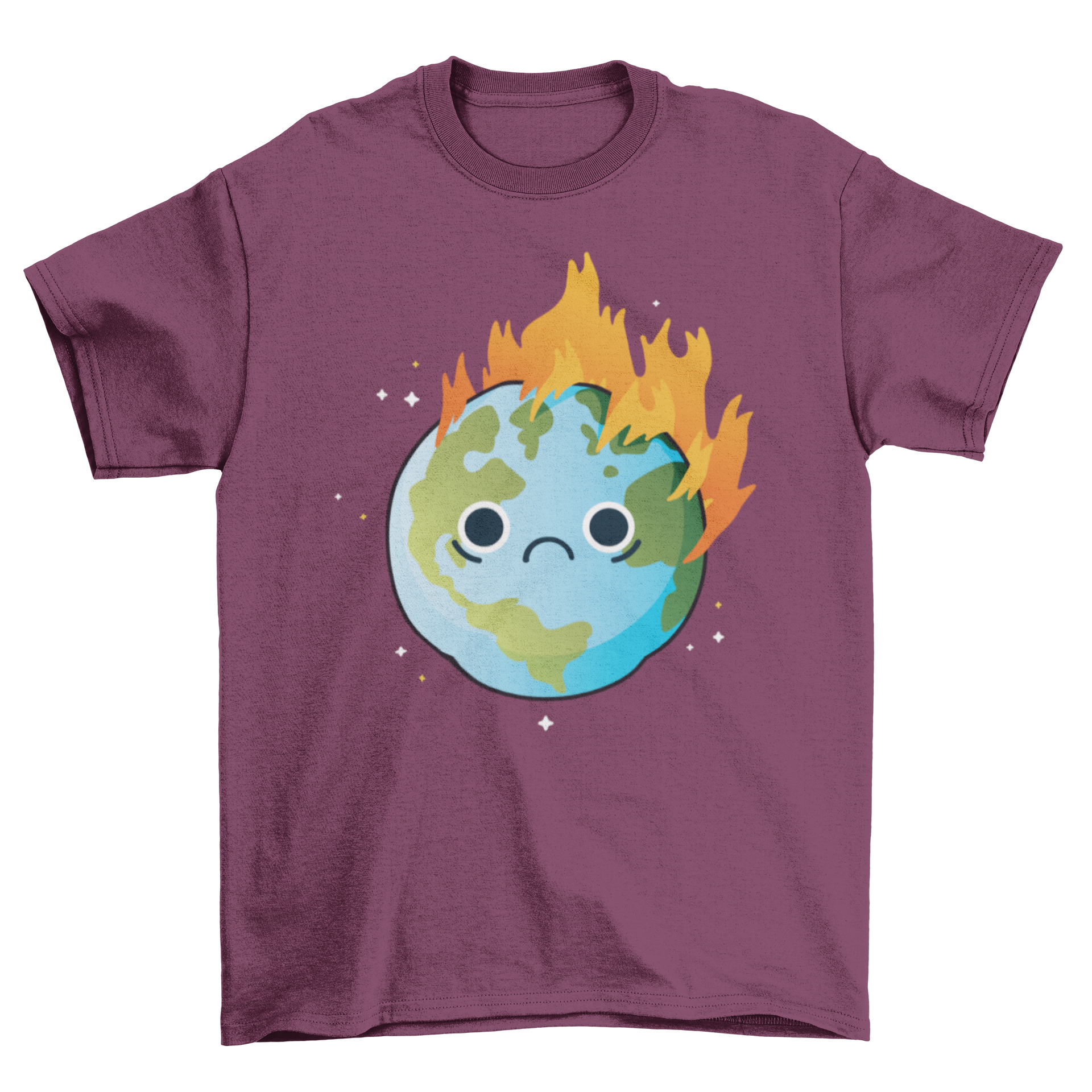 Burning Sad Earth T-Shirt featuring a sad Earth engulfed in flames, symbolizing global warming.