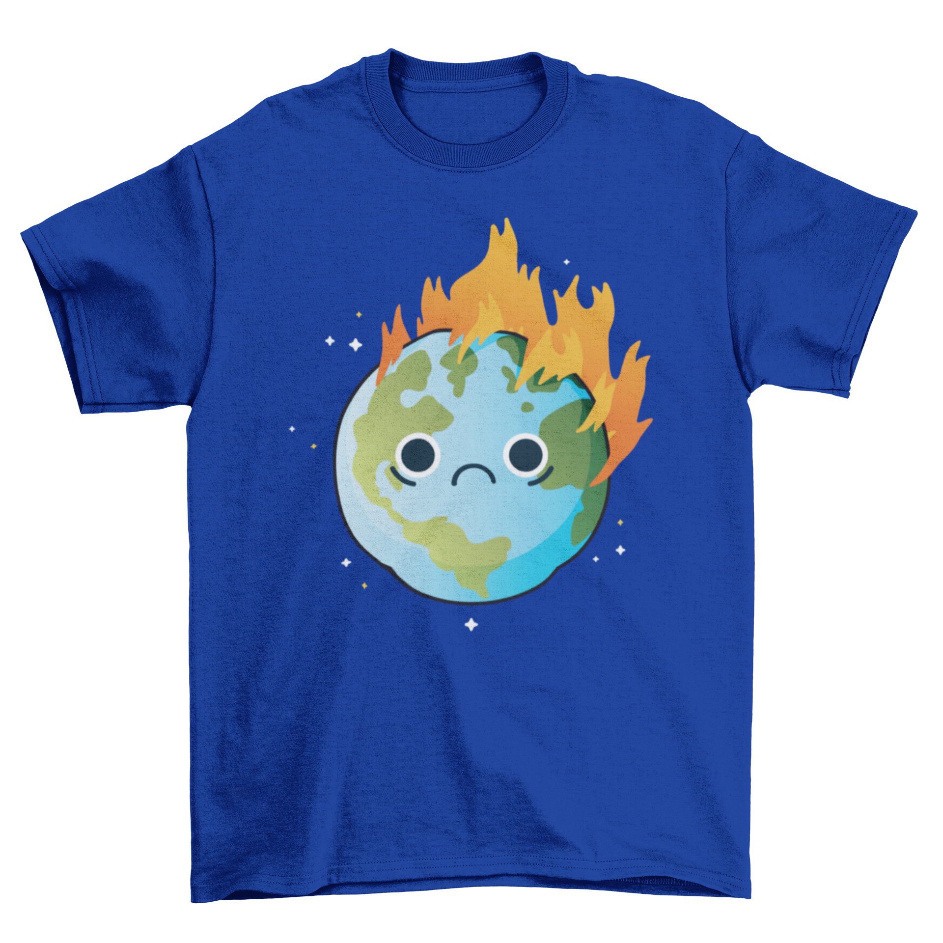 Burning Sad Earth T-Shirt featuring a sad Earth engulfed in flames, symbolizing global warming.