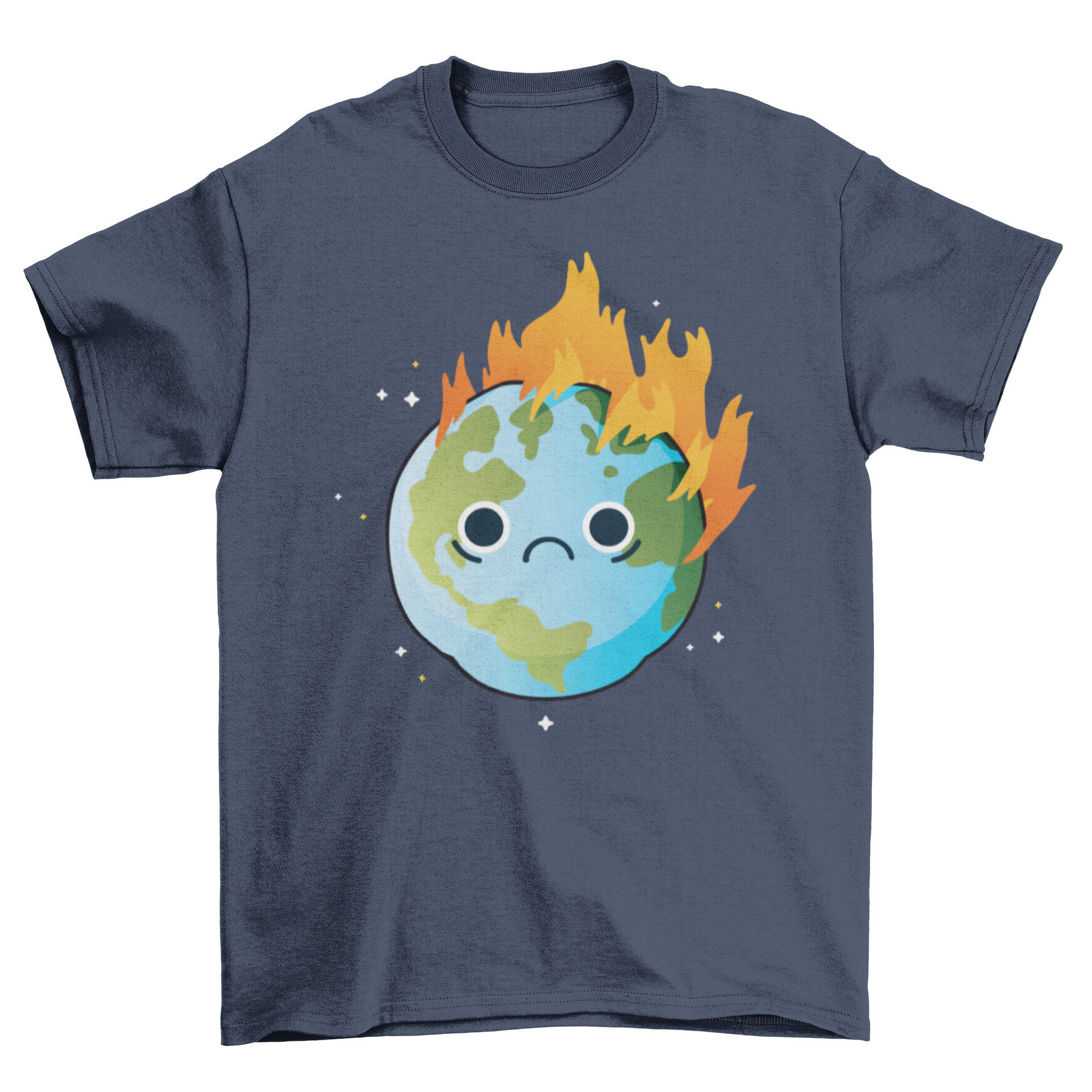 Burning Sad Earth T-Shirt featuring a sad Earth engulfed in flames, symbolizing global warming.