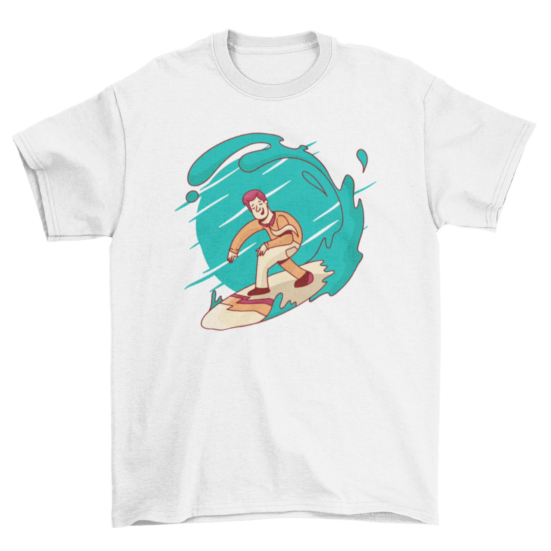 A stylish t-shirt featuring a business man surfing, showcasing a unique blend of professionalism and leisure.