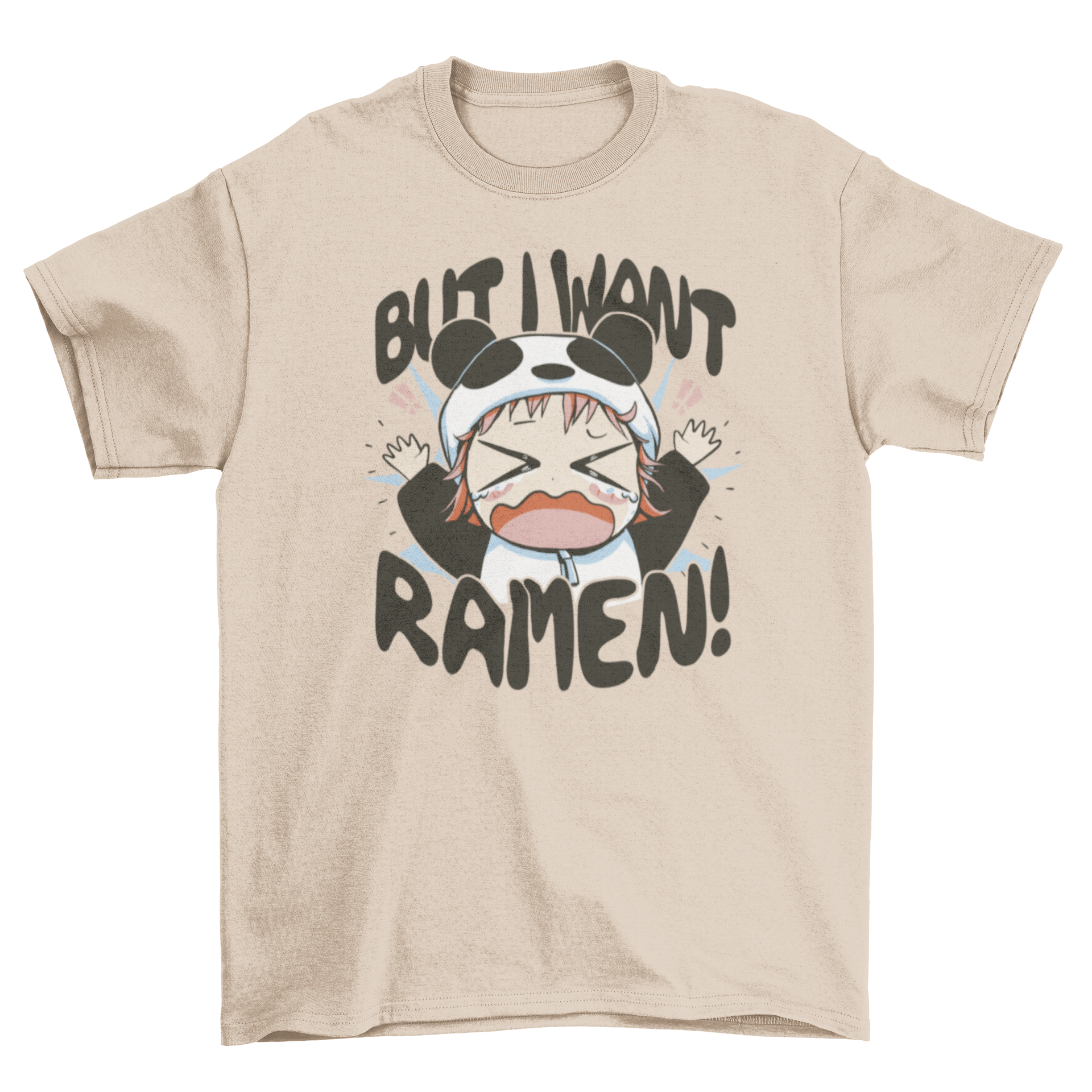 Kawaii anime t-shirt featuring a crying girl in a panda costume with the quote 'But I want ramen'.