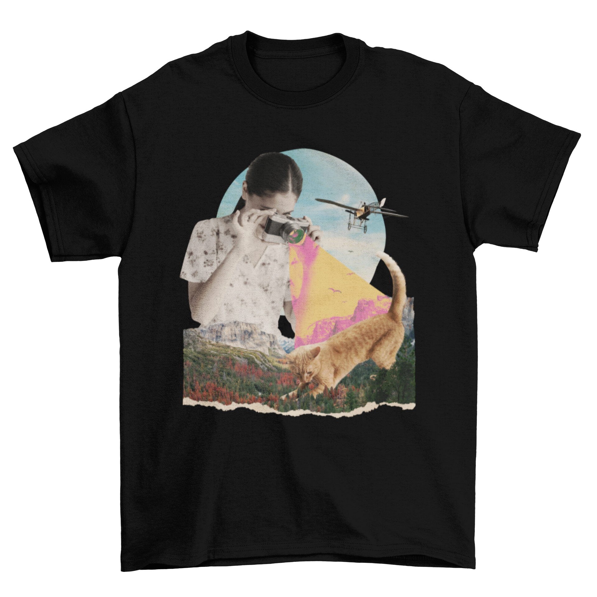 Butterfly Collage t-shirt featuring a girl photographing a cat in a beautiful landscape, showcasing artistic design.