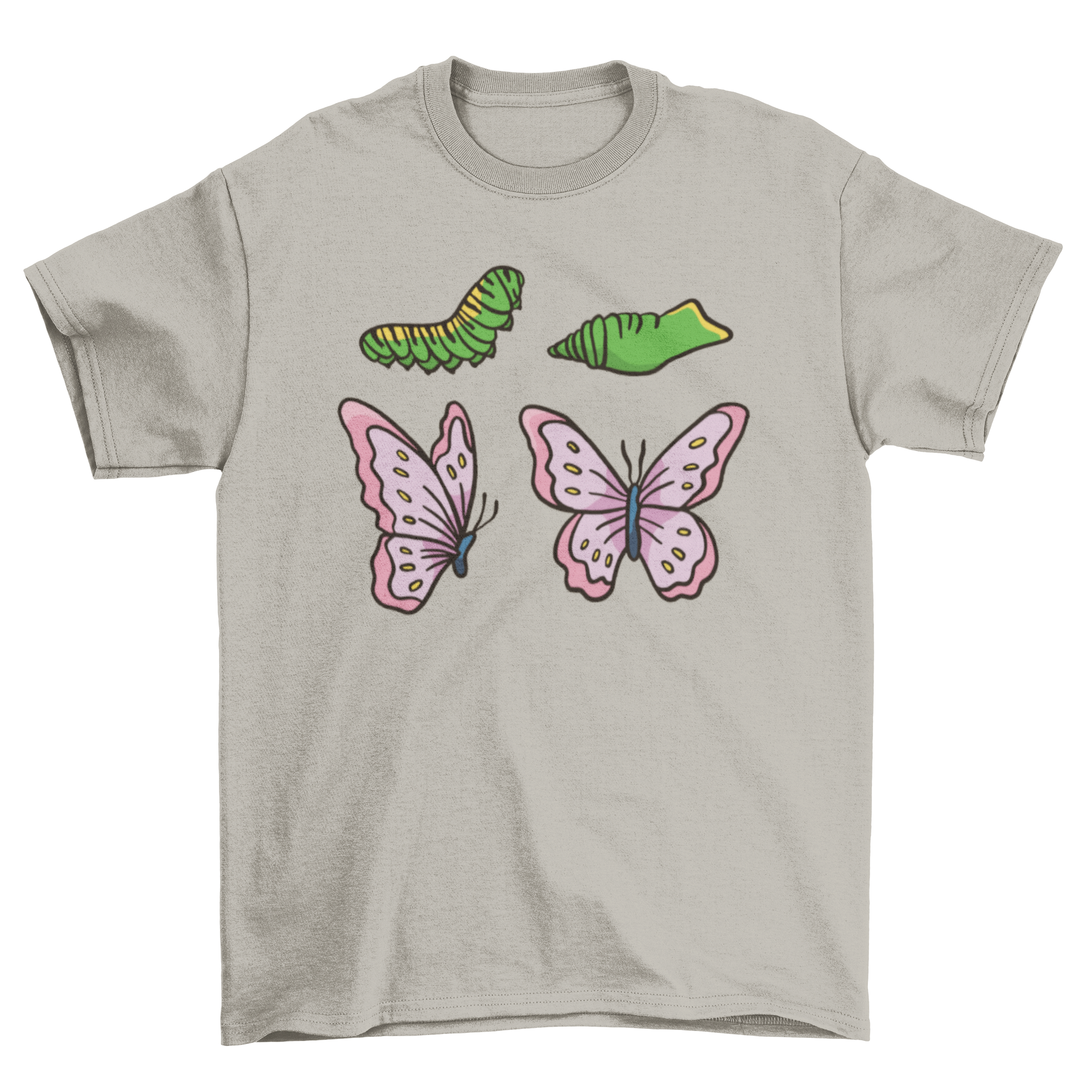 A colorful t-shirt featuring the life cycle of a butterfly, showcasing stages from egg to caterpillar to chrysalis to adult butterfly.