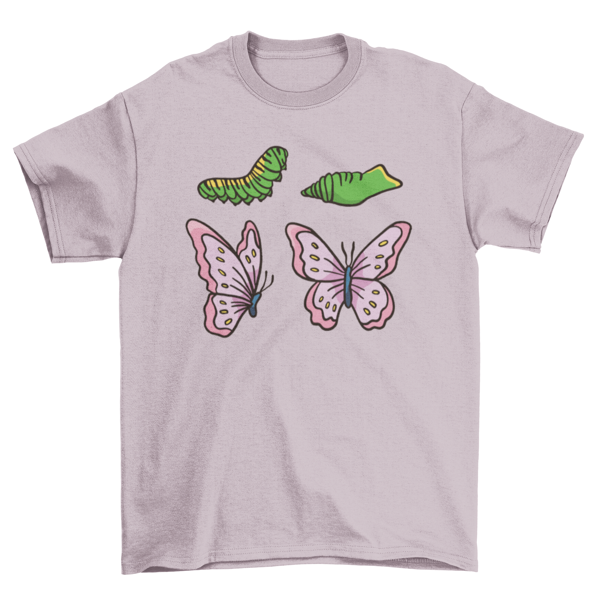 A colorful t-shirt featuring the life cycle of a butterfly, showcasing stages from egg to caterpillar to chrysalis to adult butterfly.