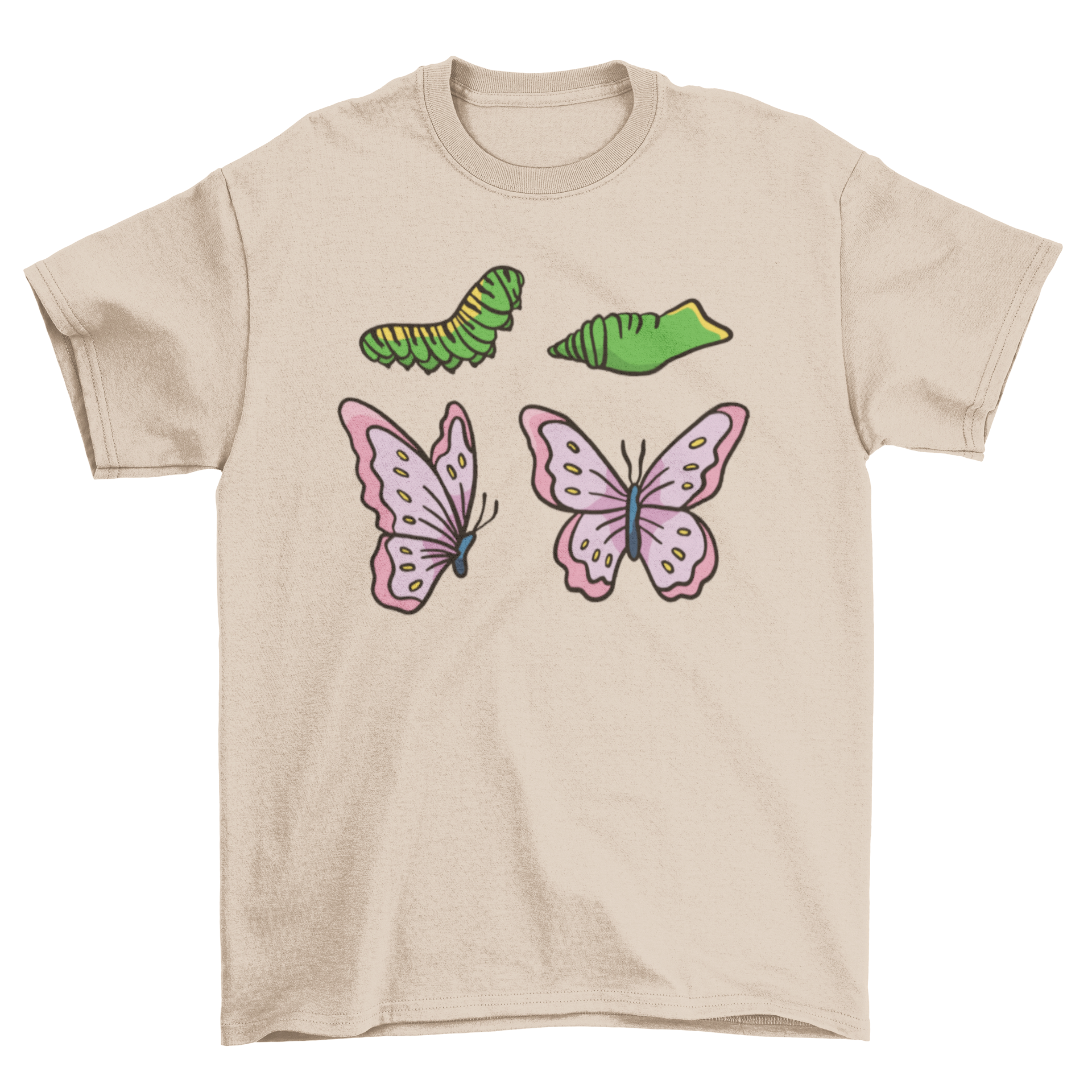 A colorful t-shirt featuring the life cycle of a butterfly, showcasing stages from egg to caterpillar to chrysalis to adult butterfly.
