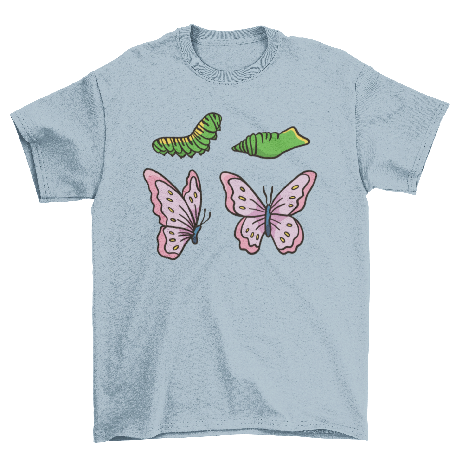 A colorful t-shirt featuring the life cycle of a butterfly, showcasing stages from egg to caterpillar to chrysalis to adult butterfly.