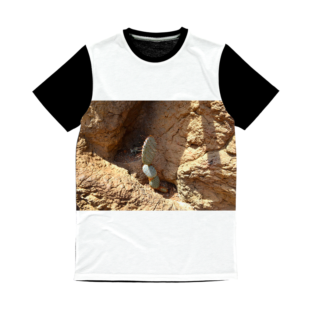 Cactus Classic Sublimation Panel T-Shirt featuring a vibrant front design and a plain black back, ideal for sublimation printing.