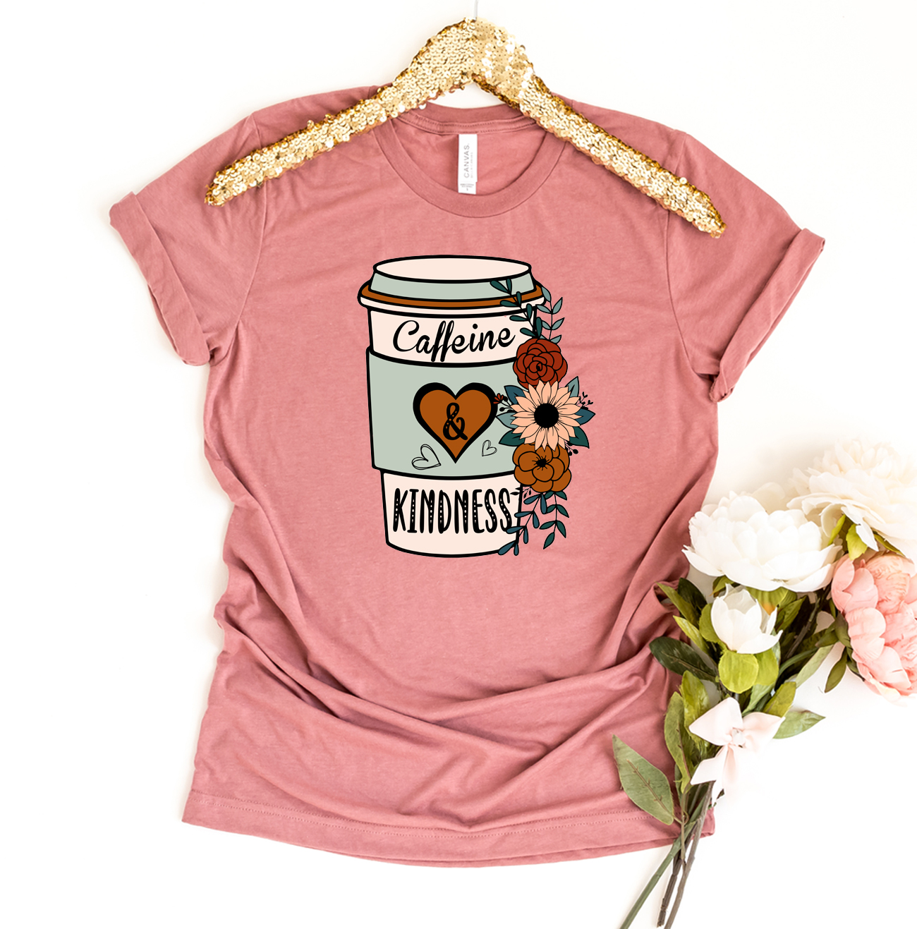 Caffeine And Kindness T-shirt made of premium ring spun cotton, featuring a vibrant print and comfortable fit, available in various sizes.