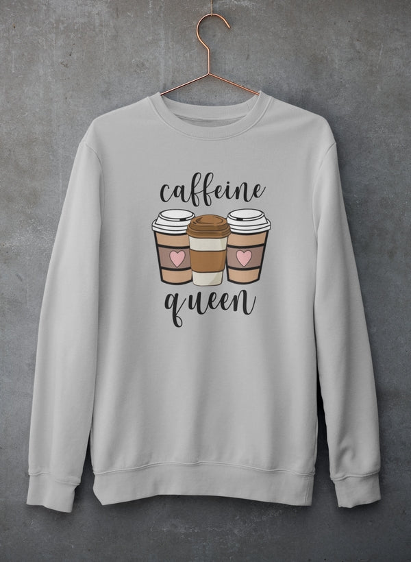 Caffeine Queen Sweat Shirt featuring a cozy cotton/poly fleece blend with adjustable cuffs, perfect for coffee lovers.