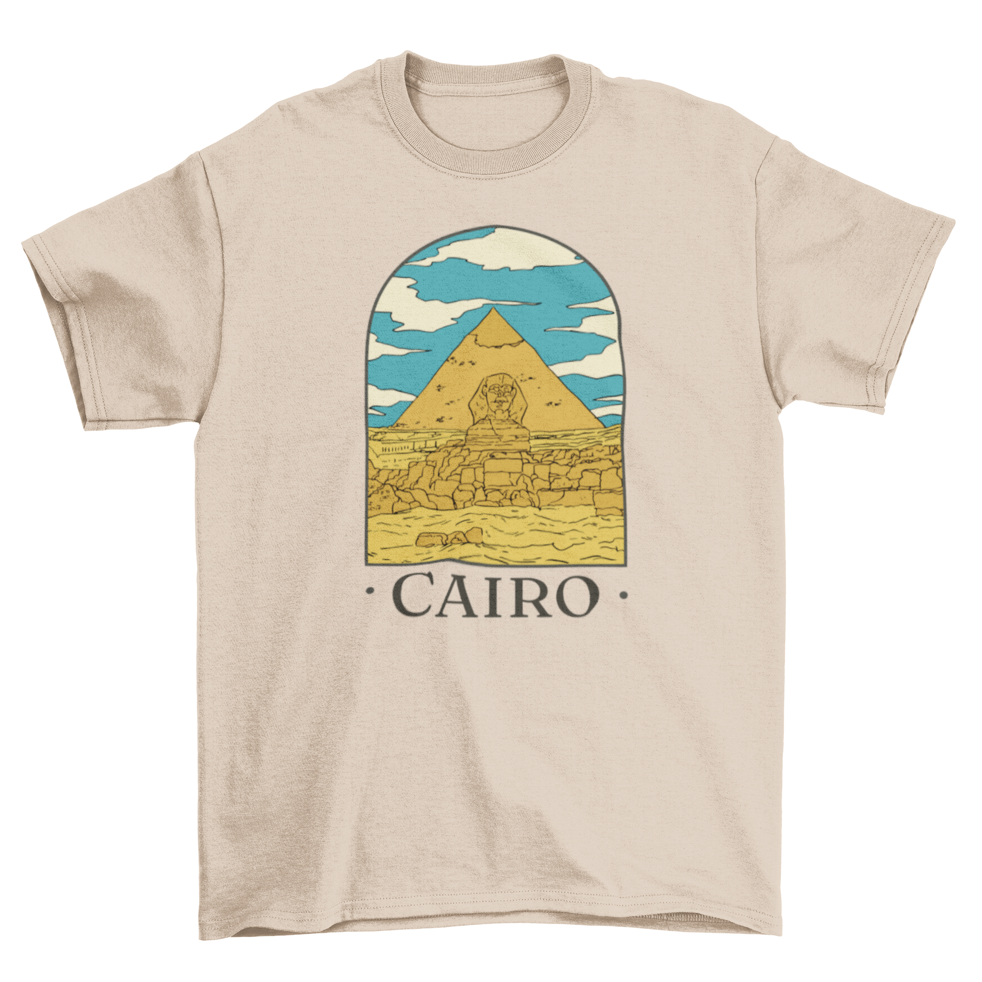 Cairo Egypt landscape t-shirt design featuring pyramids and Sphinx with the quote 'Cairo'.