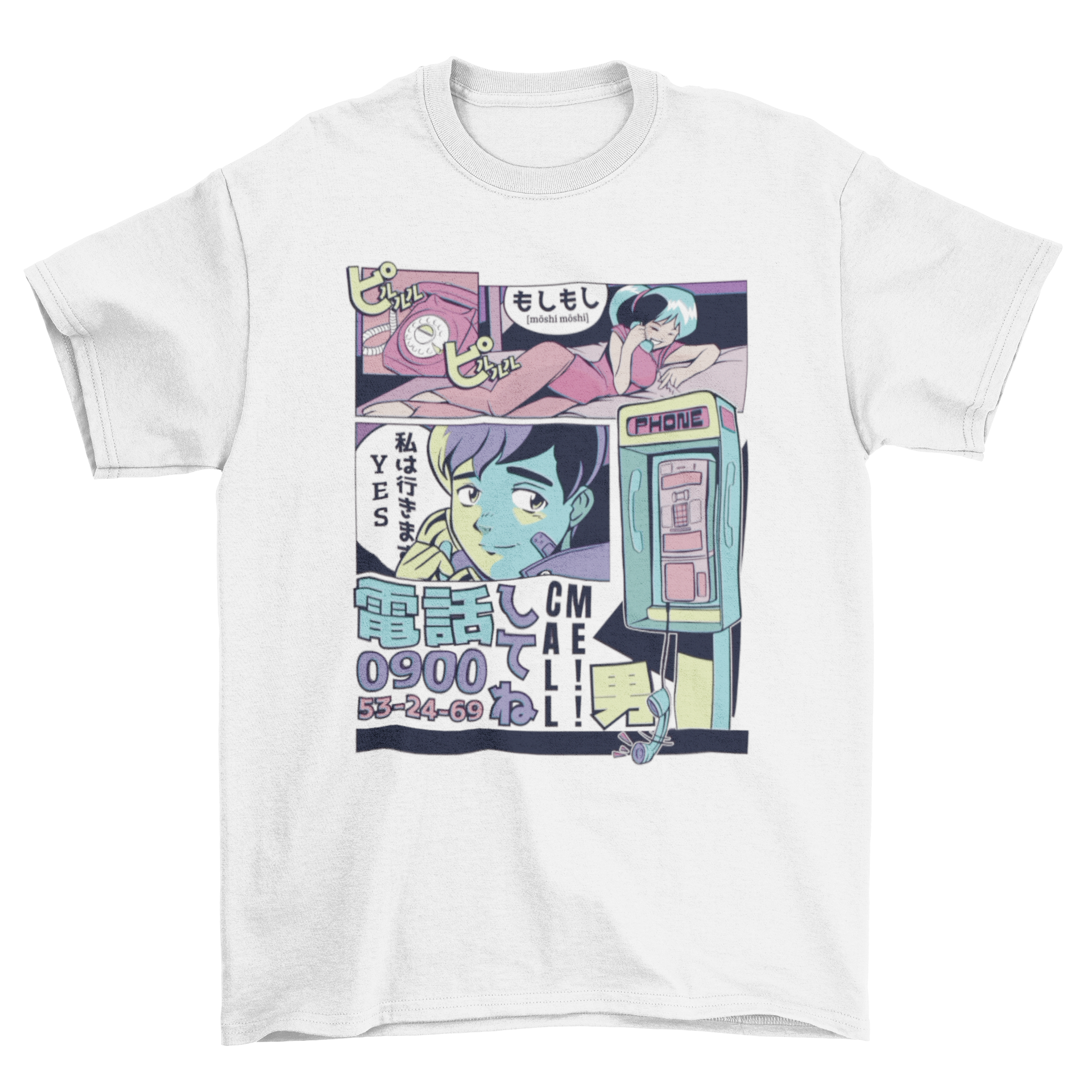 A vibrant t-shirt featuring manga panels in vaporwave style, depicting two people on a phone call.