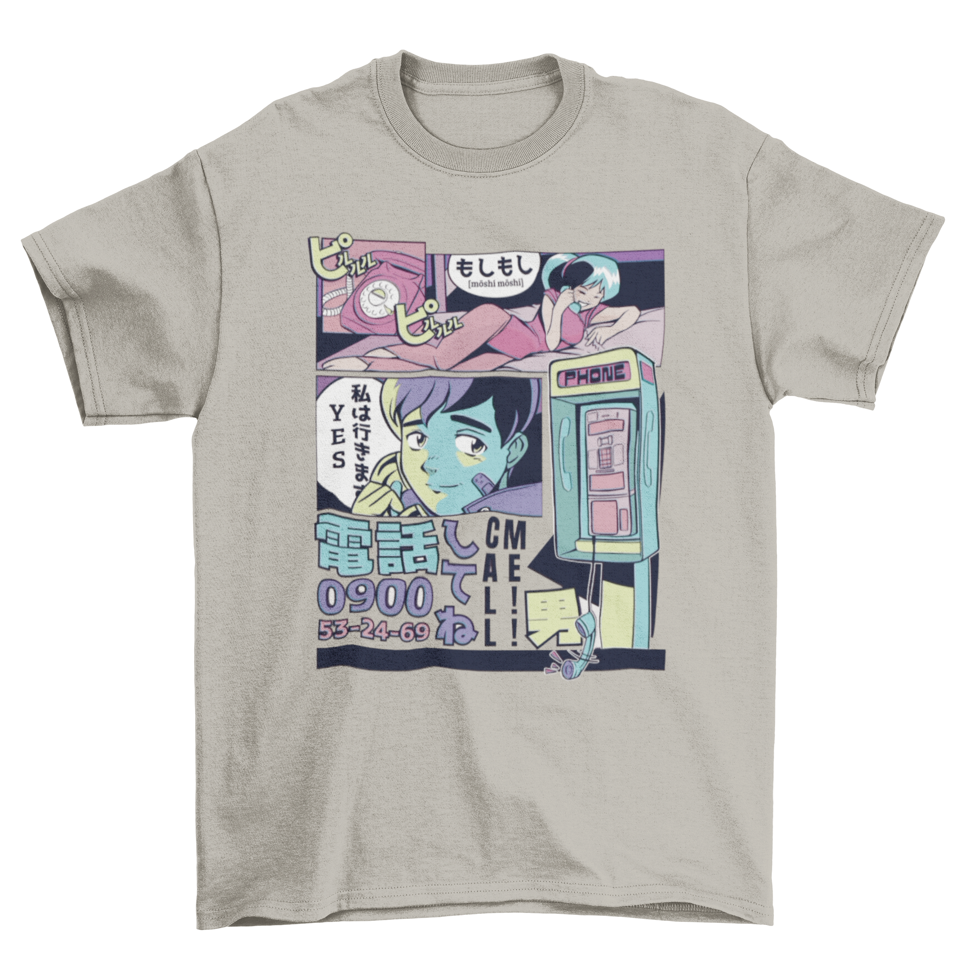 A vibrant t-shirt featuring manga panels in vaporwave style, depicting two people on a phone call.