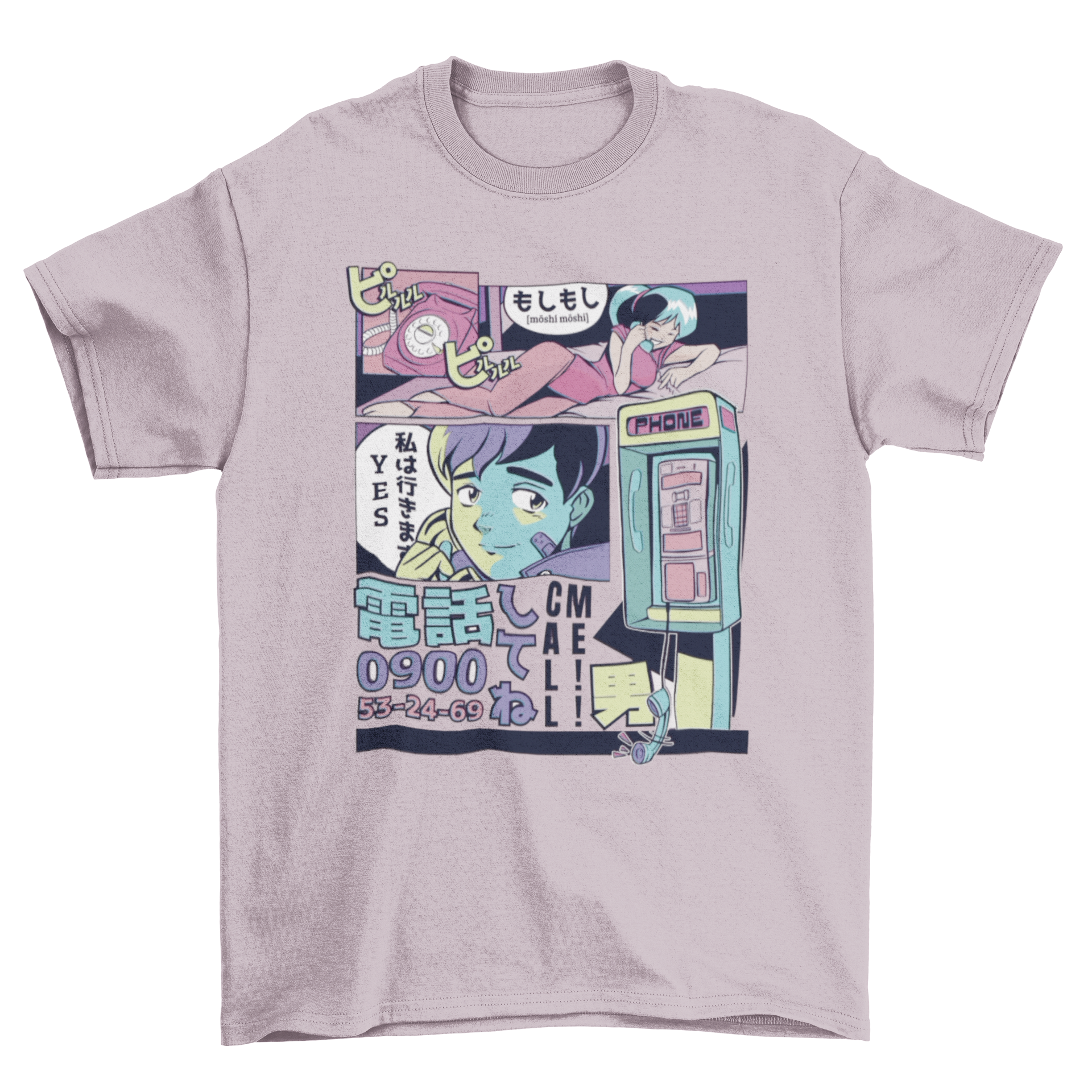 A vibrant t-shirt featuring manga panels in vaporwave style, depicting two people on a phone call.