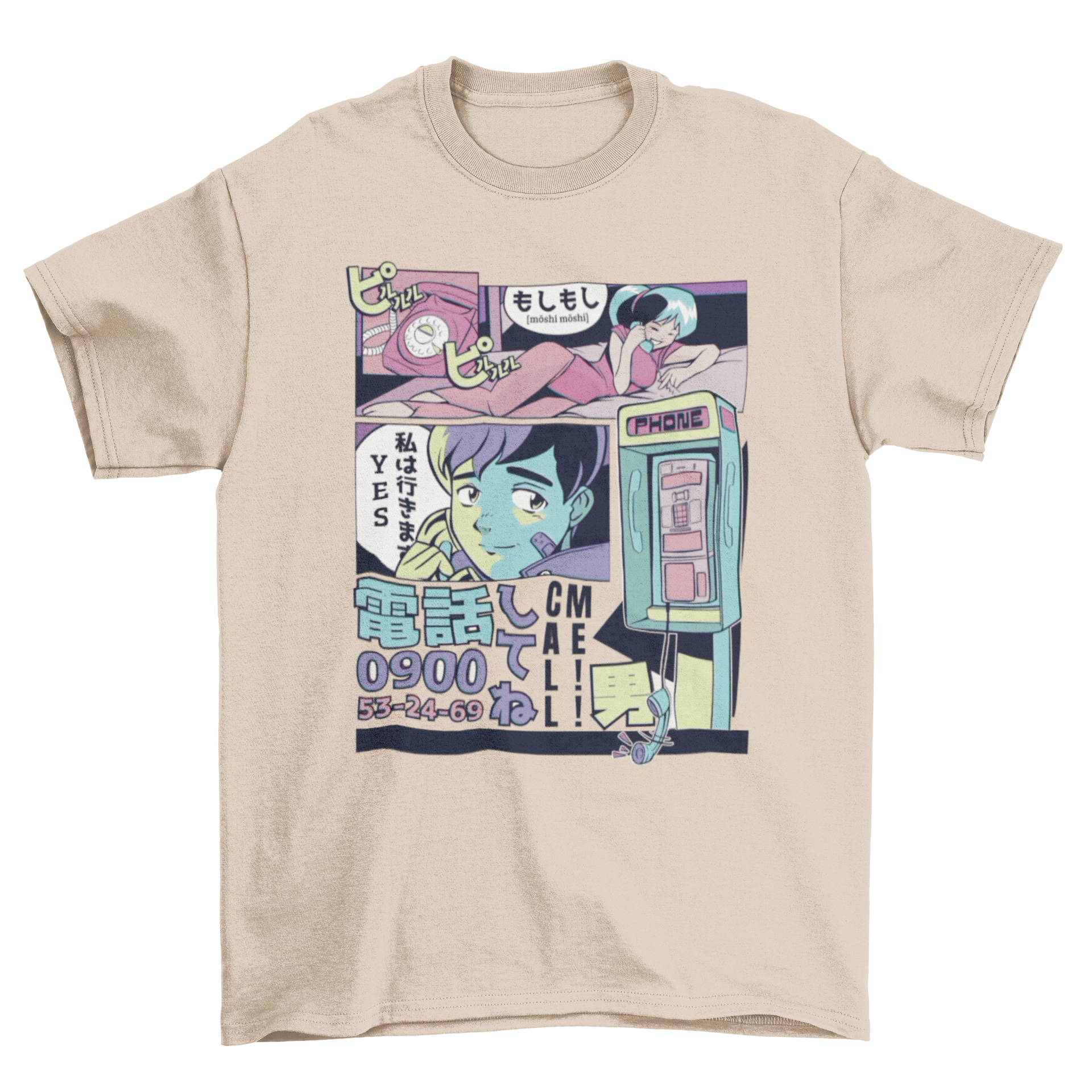 A vibrant t-shirt featuring manga panels in vaporwave style, depicting two people on a phone call.