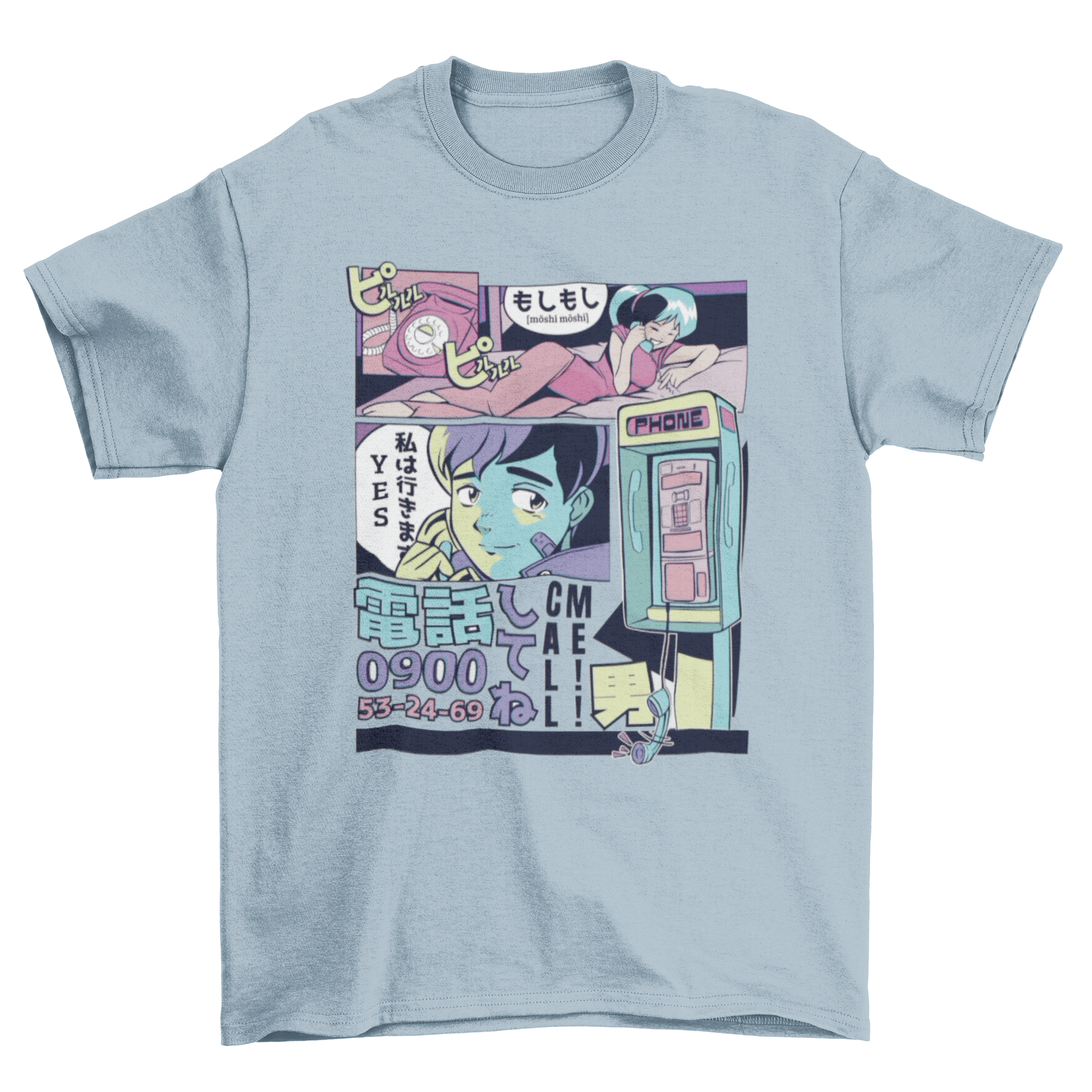 A vibrant t-shirt featuring manga panels in vaporwave style, depicting two people on a phone call.